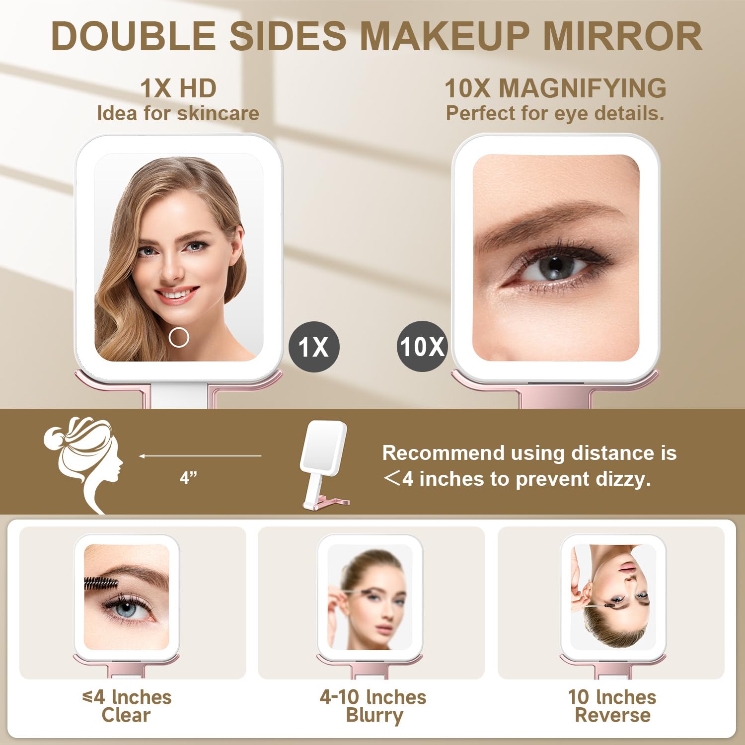 Mocado Travel Makeup Mirror With Lights,10X/1X Magnifying Mirror With Light, Double Sided Travel Mirror With 3 Color Light,Dimma