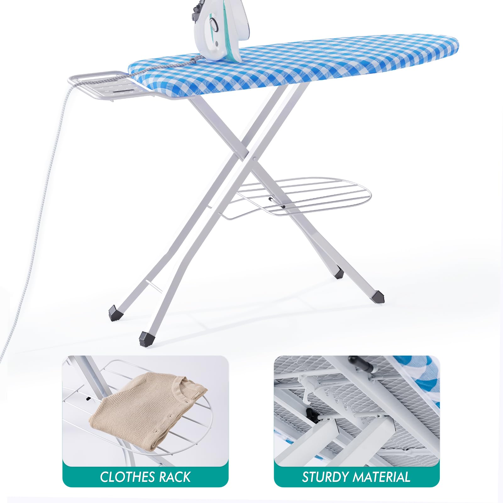 Bktd Ironing Board, Heat Resistant Cover Iron Board With Steam Iron Rest, Non-Slip Foldable Ironing Stand. Heavy Sturdy Metal Fr
