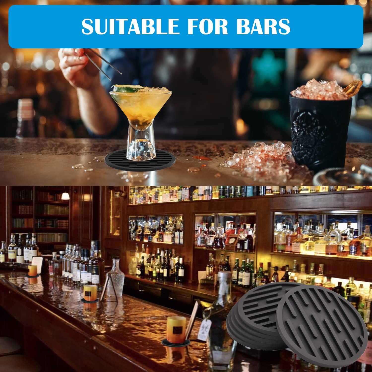 Coasters For Drinks, Silicone Coasters For Coffee Table 6 Set, Non-Slip, Heat Resistant Coasters Fit All Cups, For Bar, Wooden T