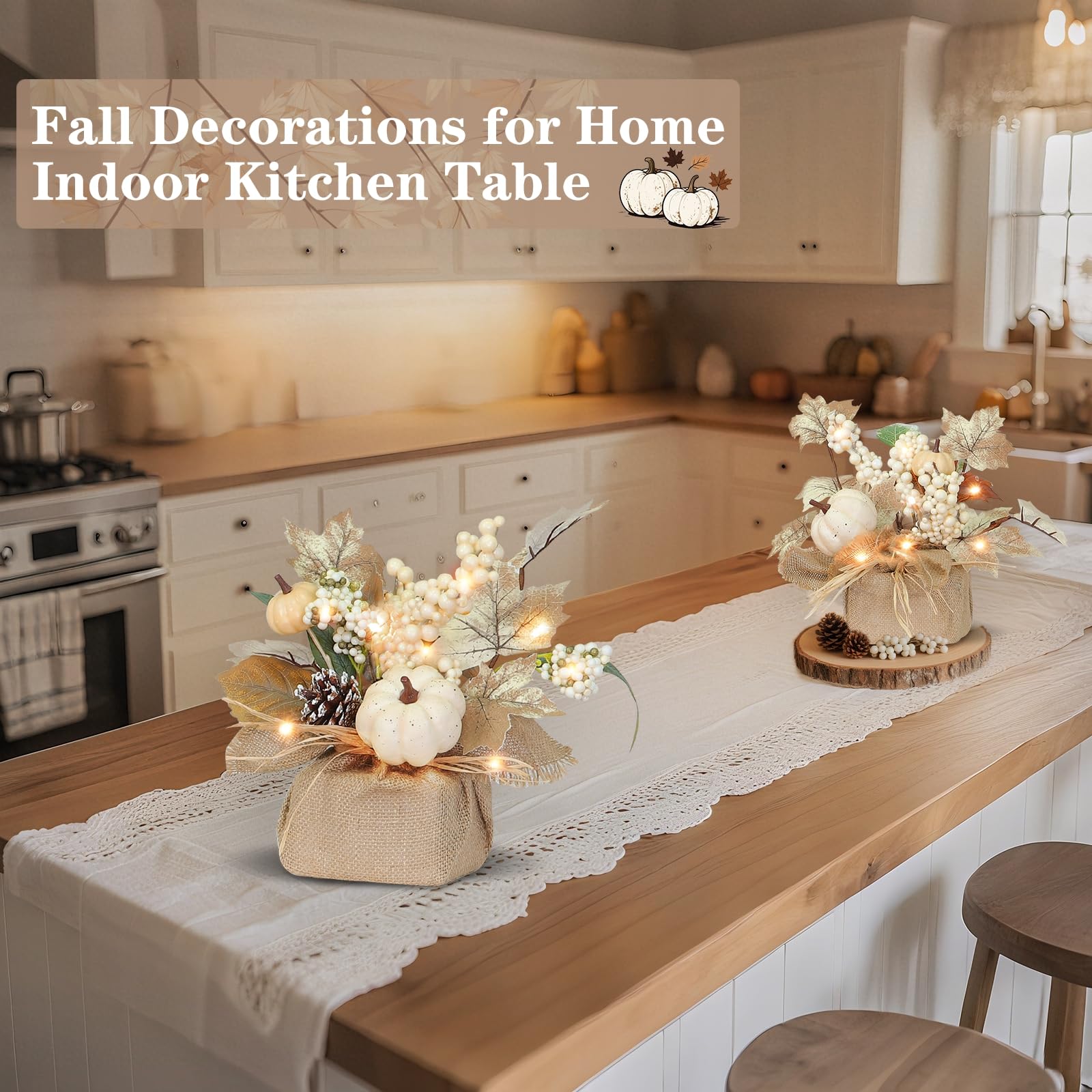 2 Styles & Timer Thanksgiving Table Decorations- 2 Pack 11 Inch Tabletop Maple Tree Thanksgiving Decor, Lighted Fall Tree with 2