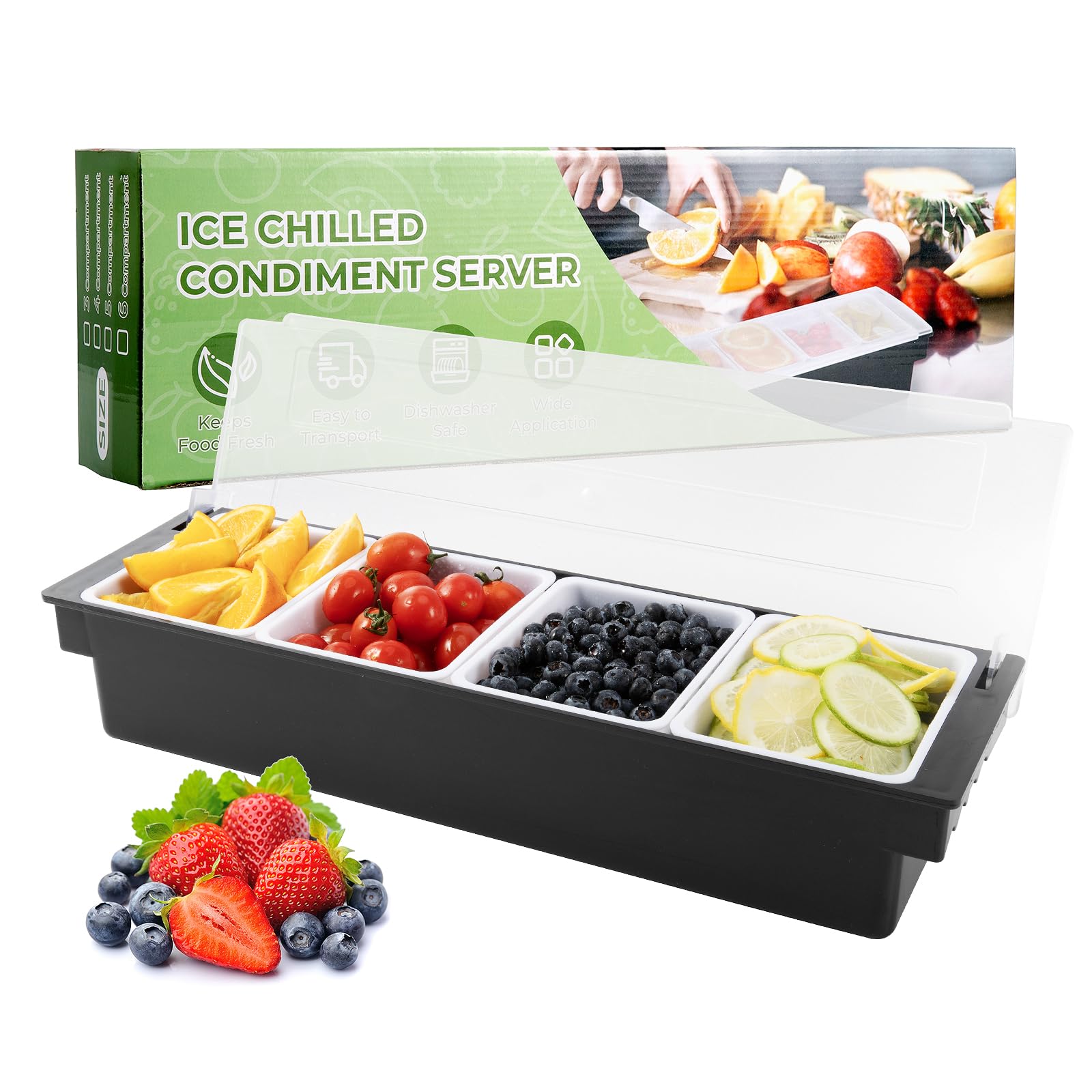 Wichemi Condiment Container With Lid Ice Chilled Condiment Server With Ice Tray Fruit, Veggie & Condiment Caddy Plastic Garnish