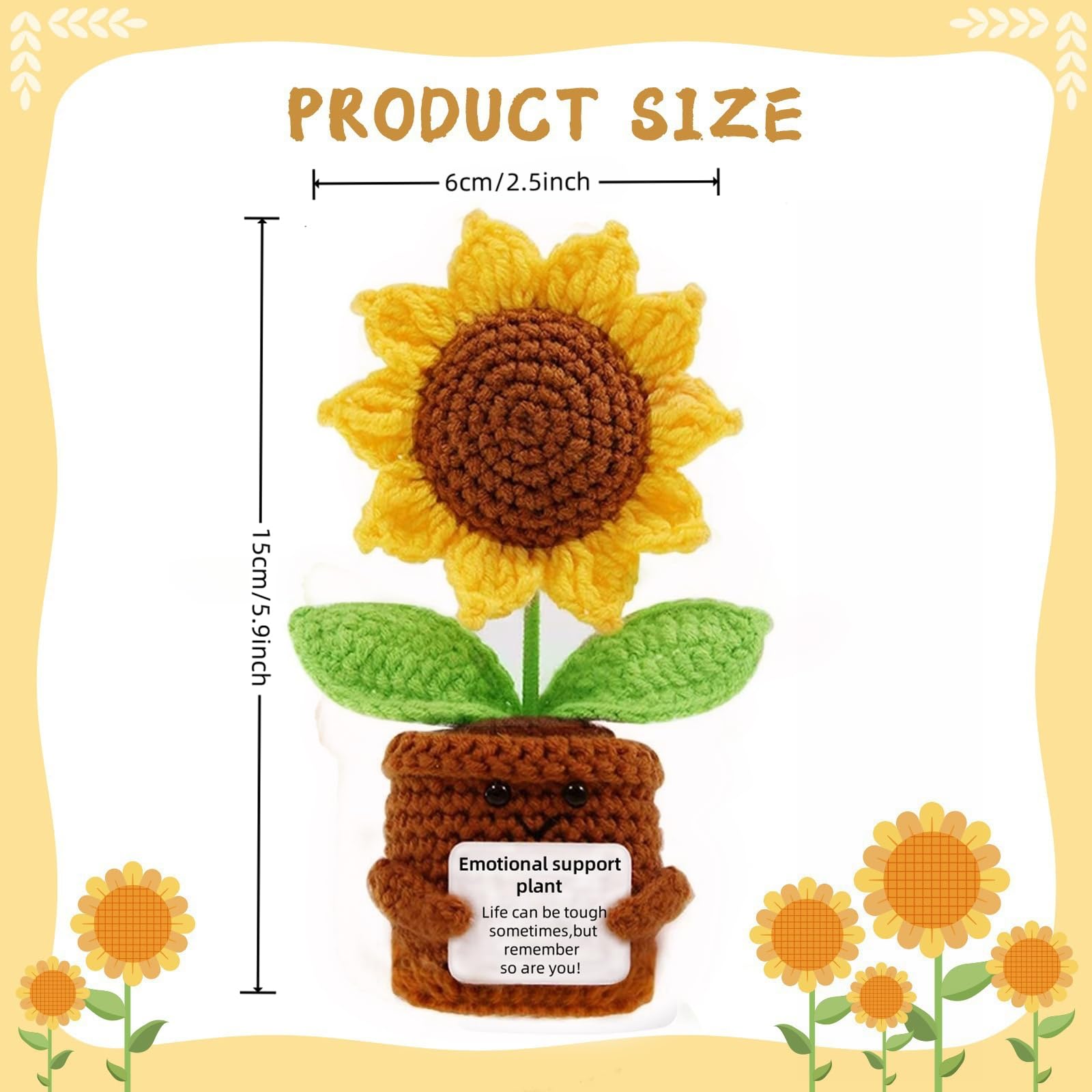YiQiYi Positive Crochet Sunflower with Card Artical Flowers Emotional Support Plush Plant Crochet Sunflowers Home Office Desk Ca