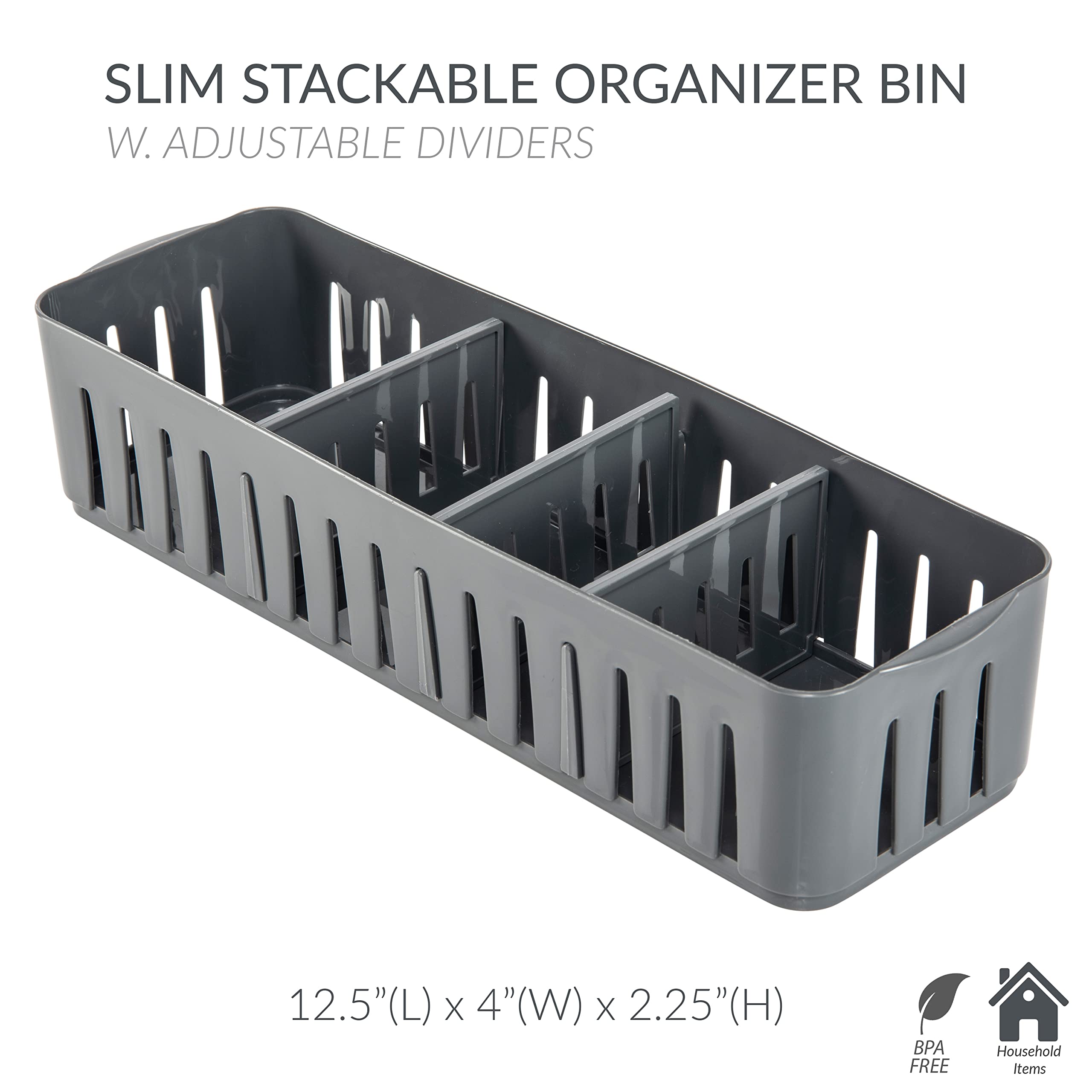 Simplify 2 Pack 4 Compartment Stackable Bin with Adjustable Dividers | Drawer Organizer | Storage Basket | Good for Office | Des