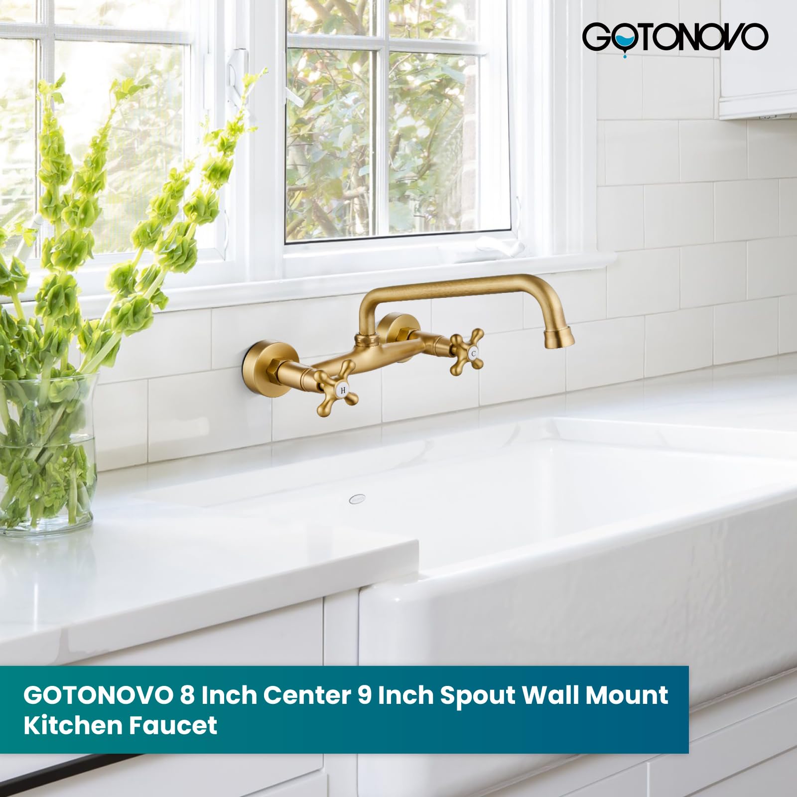 Gotonovo Wall Mount Faucet 8 Inch Center Antique Brass Kitchen Sink Taps 2 Cross Knobs Handle Victorian Commercial With 9 Inch S
