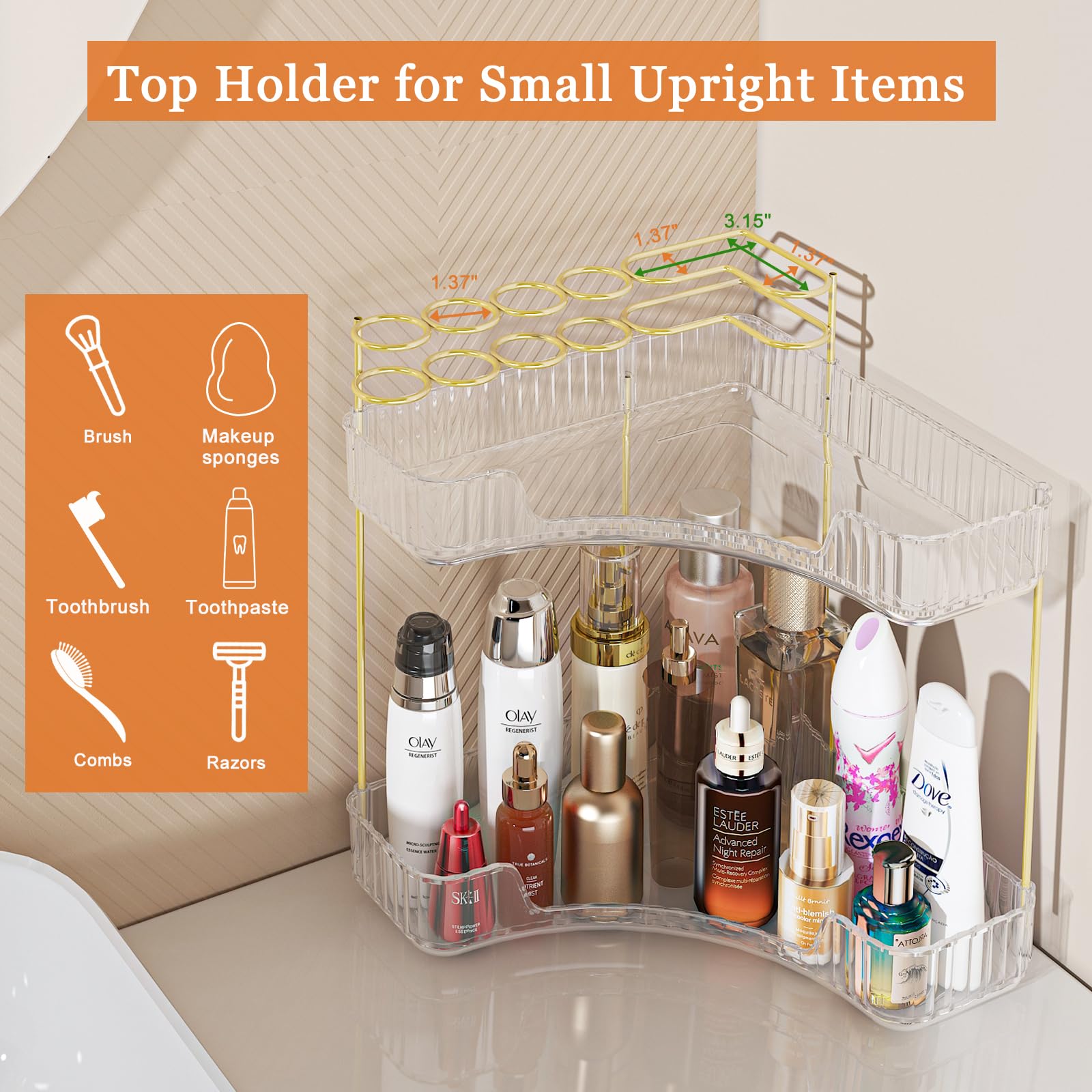 Webetop Corner Makeup Organizer For Vanity, 2 Tier Bathroom Cosmetics Organizer Countertop With Makeup Brush Holder Corner Count