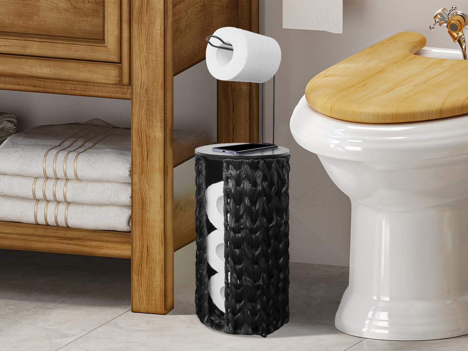 Coeusy Black Toilet Paper Holder Stand With Shelf,Wicker Toilet Paper Storage With Wooden Lid,4 Rolls Of Tissue Holder For Bathr