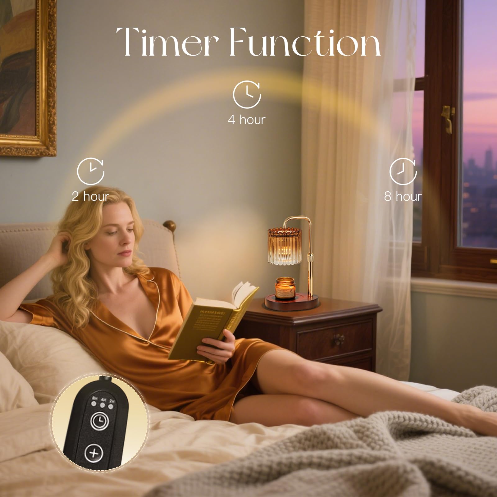 Candeldo Candle Warmer Lamp with Timer: Amber Candle Warming Lamp with 2 Bulbs Height Adjustable Wax Melt Dimmable Bedroom Decor