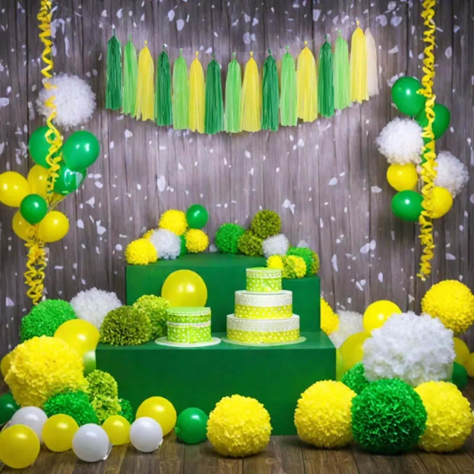Green Light Green and Yellow Tassel Garland Banner Paper Tassels for Party Decorations,Pack of 15