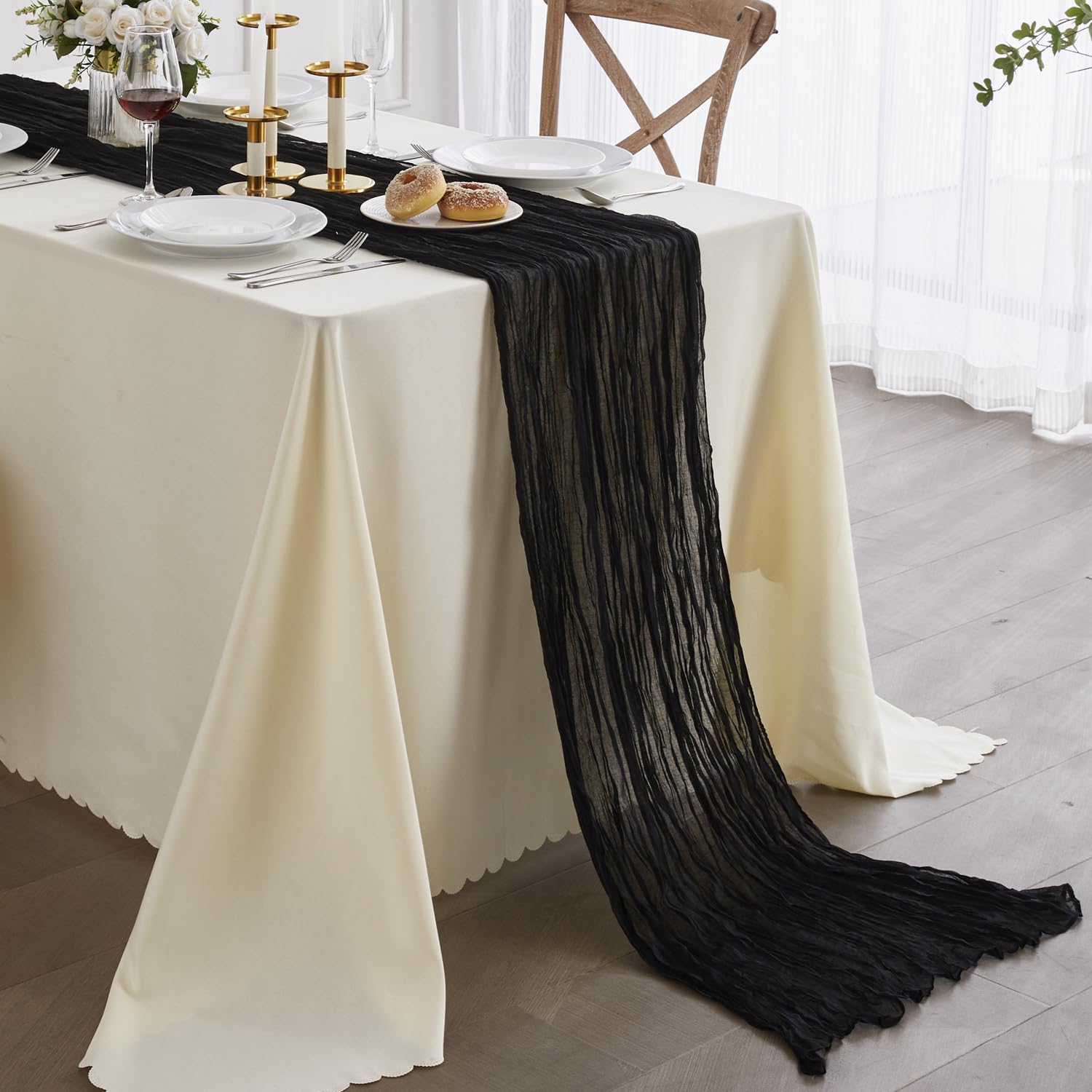 Nialnant Black Table Runner,35 X 160 Inch Cheese Cloth Table Runner For New Year Party,Birthday Party,Wedding Decor Arch Draping