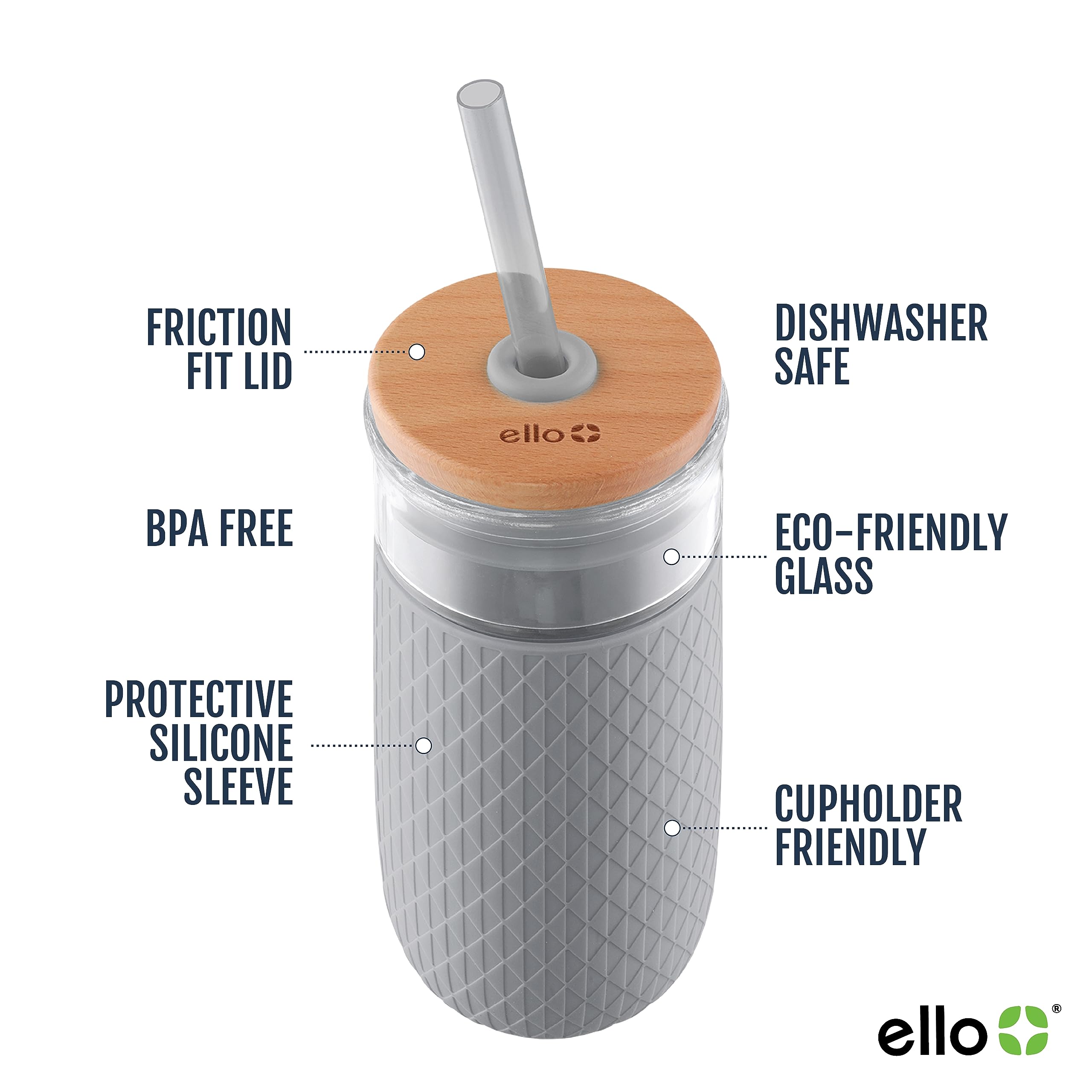 Ello Devon Glass Tumbler, Protective No Sweat Silicone Sleeve And Splash Proof Wooden Detail Lid With Straw, 18 Oz
