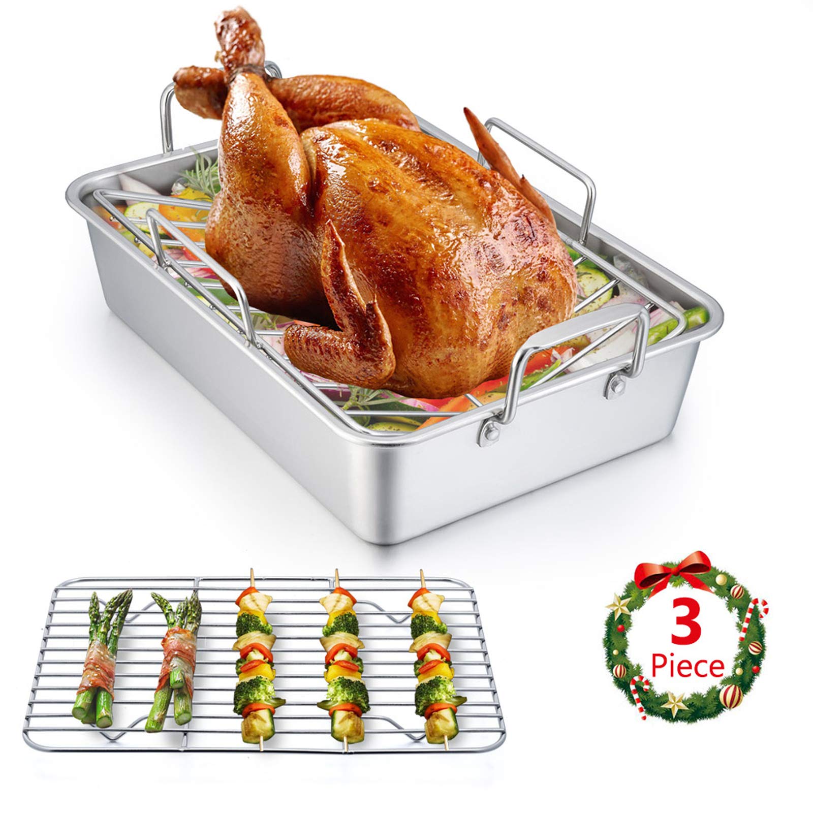 Stainless Steel Roasting Pan, E-Far 14 X 10.6 Inch Heavy Duty Turkey Roaster With V Rack & Baking Rack Set, Small Metal Deep Bro