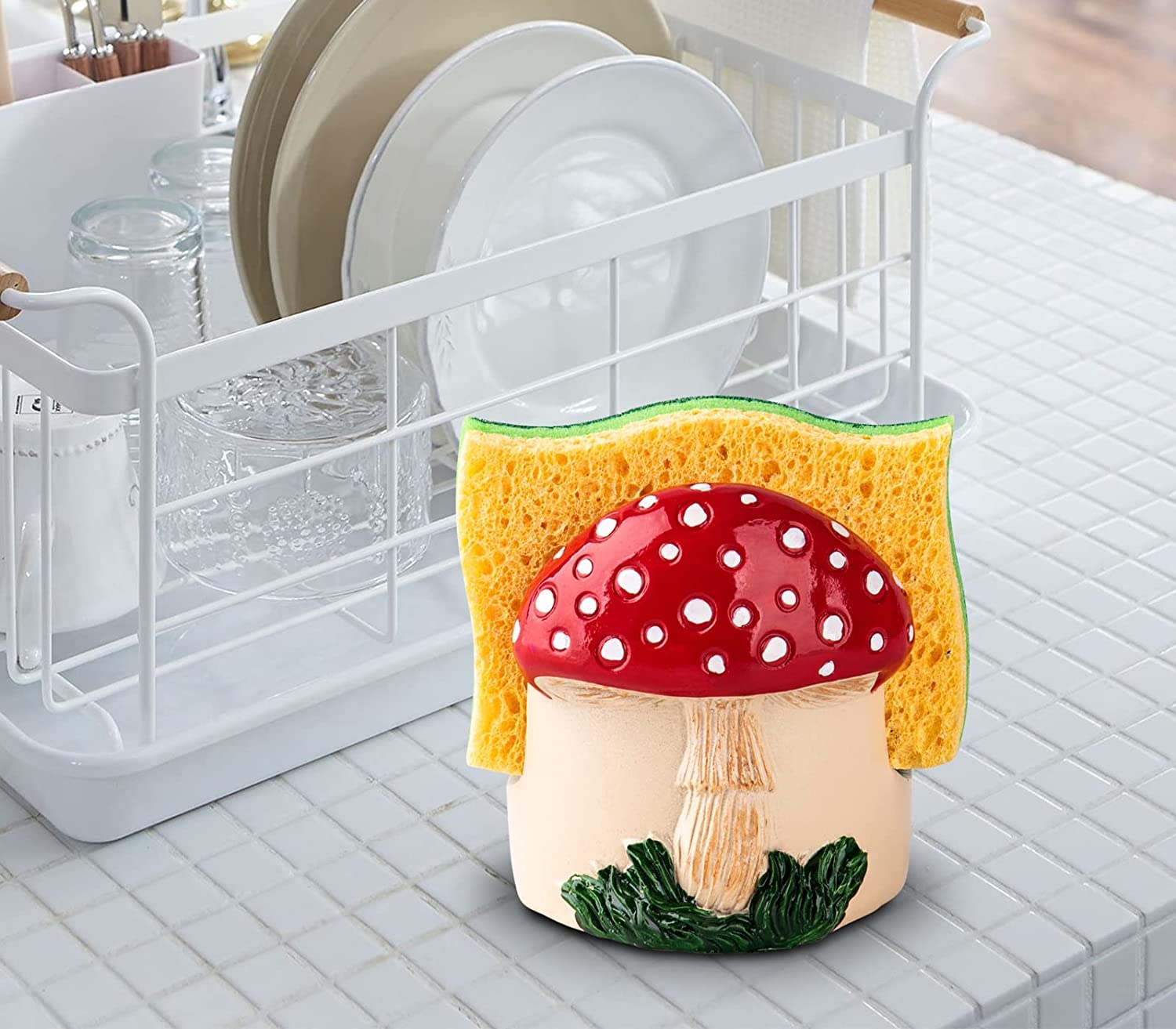 Dgudgu Mushroom Kitchen Sponge Holder Ceramic Sponge Dish Red Sponge Holder For Kitchen Sink Caddy Decor For Kitchen Kitchen Sin