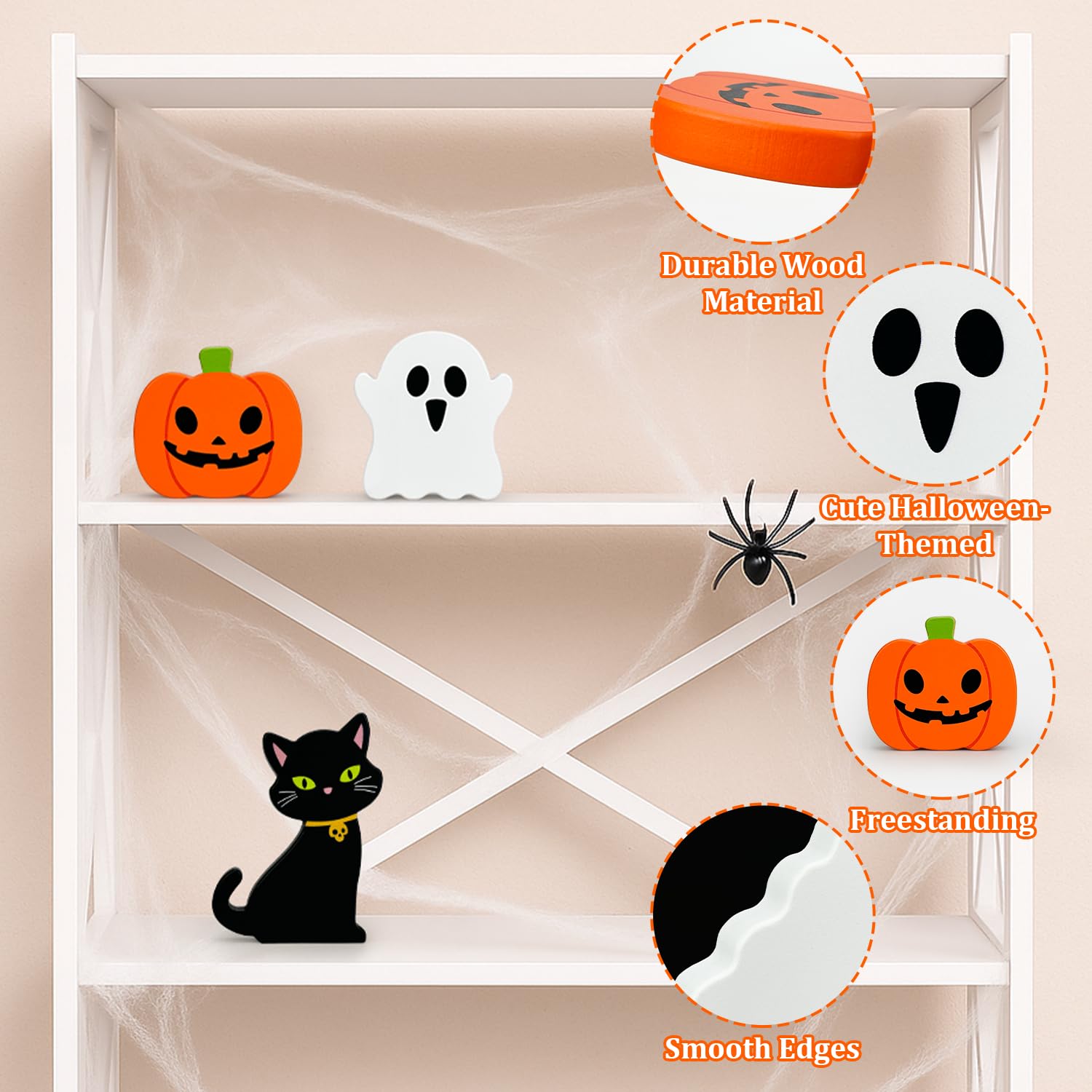 Halloween Decorations for Indoor Home 3 Pcs, Cute Wooden Pumpkin Ghost Black Cat Decor for Tabletop Tiered Tray, Halloween Cente