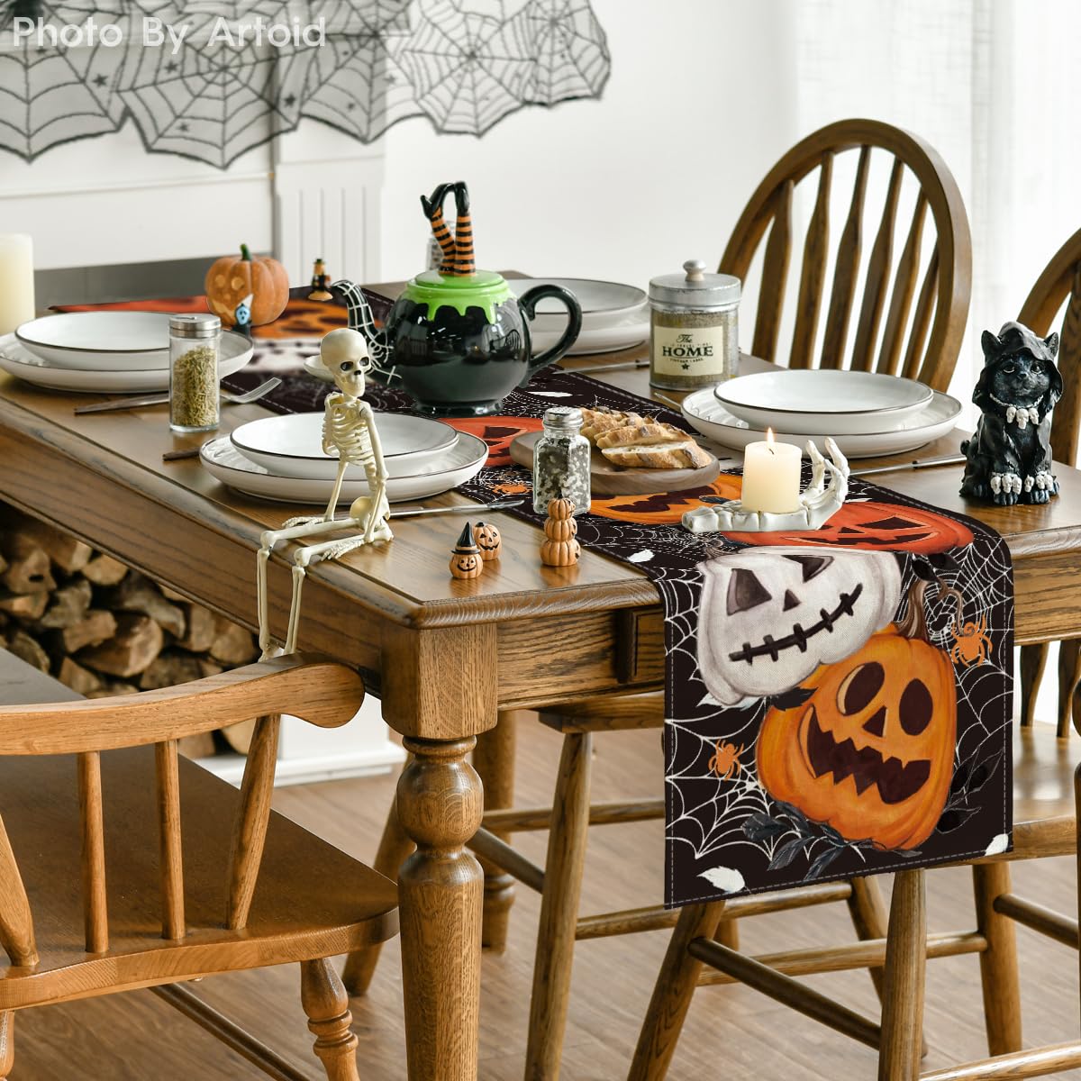 Artoid Mode Black Pumpkins Spider Web Halloween Table Runner, Seasonal Fall Kitchen Dining Table Decoration For Home Party Decor