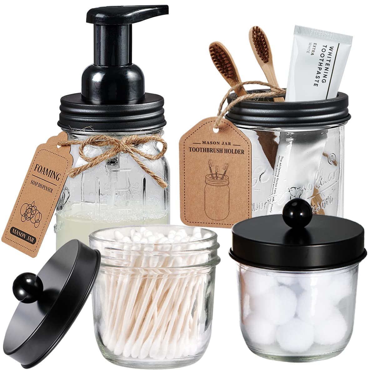 Mason Jar Bathroom Accessories Set(4 Pack) - Foaming Soap Dispenser&Qtip Holder Set&Toothbrush Holder-Rustic Farmhouse Decor Bat