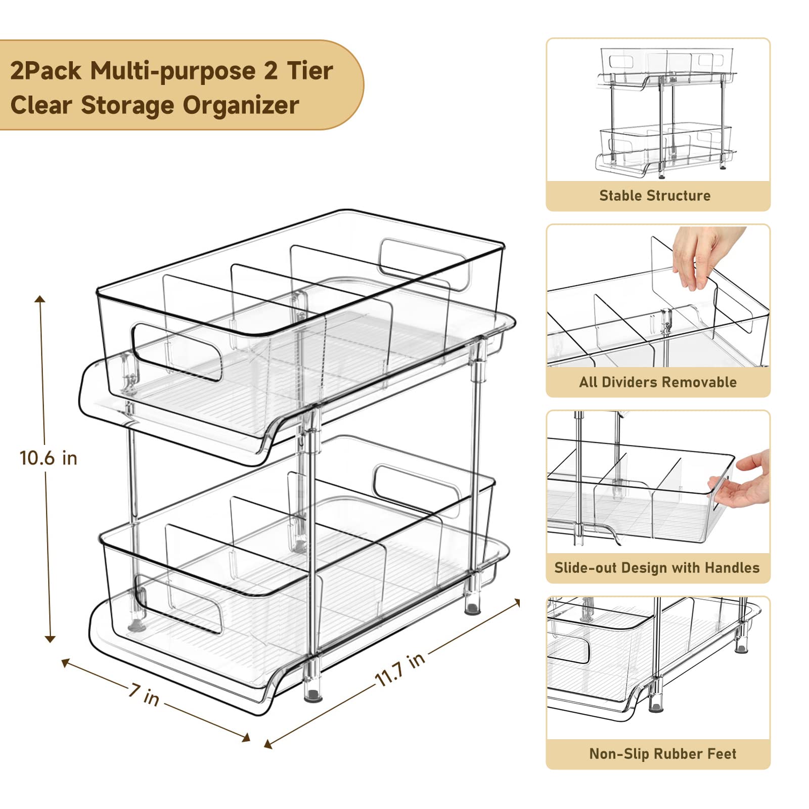 Hihegd 2 Tier Bathroom Storage Organizer With Dividers, Clear Under Sink Organizers And Storage Pull Out Cabinet Organizer For B