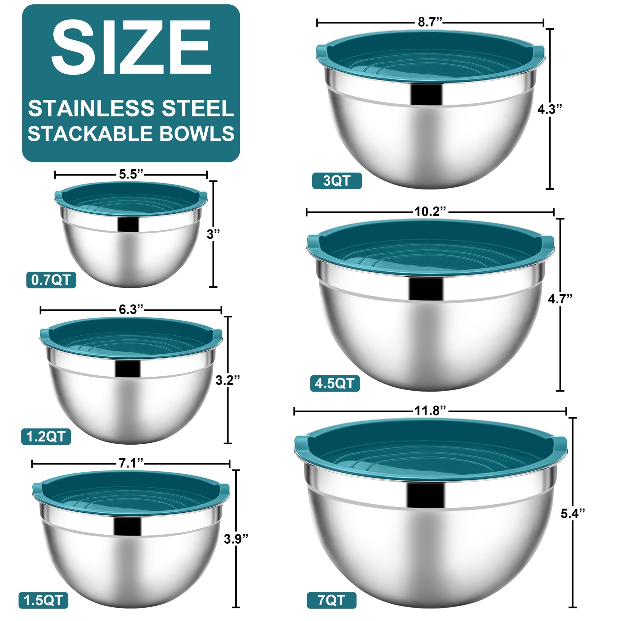 E-Far Mixing Bowls With Lids, 12-Piece Stainless Steel Salad Bowls Metal Nesting Bowls For Baking Cooking And Prepping, Airtight
