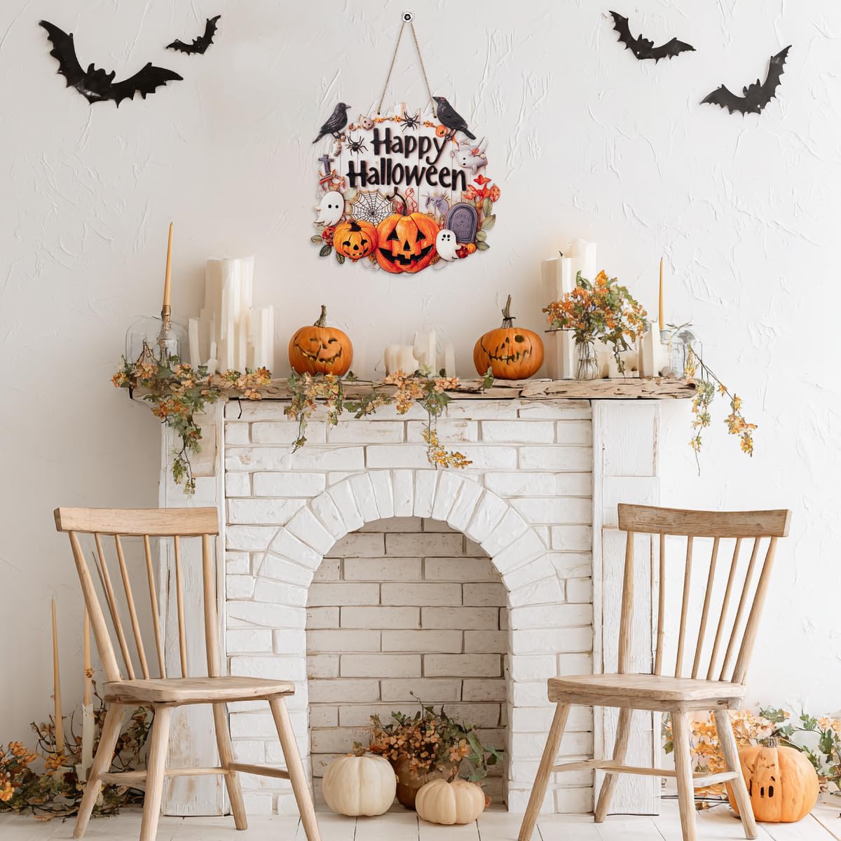 Halloween Decoration Wood Door Plaque - Rustic 9.2x8.8 Inch Handcrafted Sign with Raised Pumpkins, Ravens & Ghosts, Spider Web D