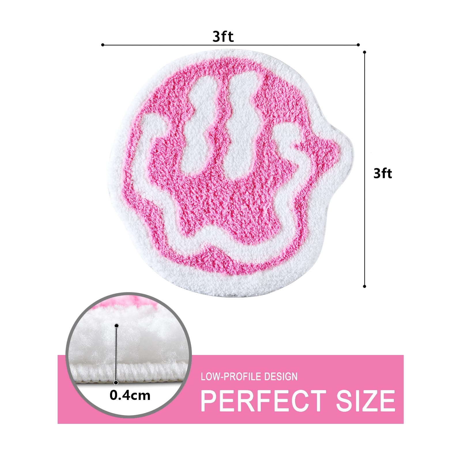 Estmy Cute Pink 3Ft Round Rug For Bathroom Bedroom Dorm Kitchen Non Slip Washable, Happy Face Boho Trippy Aesthetic Funky Hippie