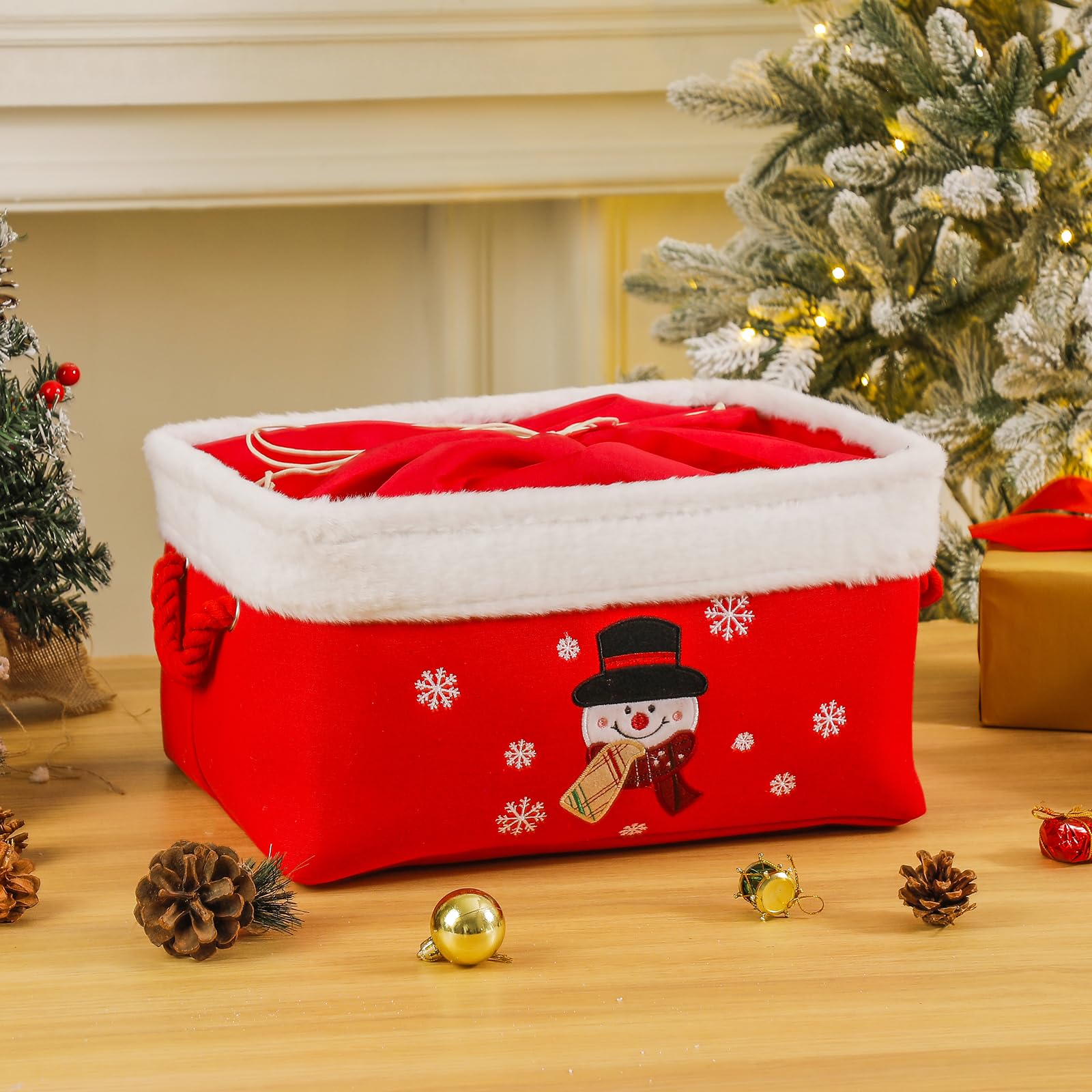 Christmas Gifts Baskets Empty Christmas Ornament Box Xmas Storage Baskets Canvas Toys Organizer Bin for Holiday, Snowman Raffle