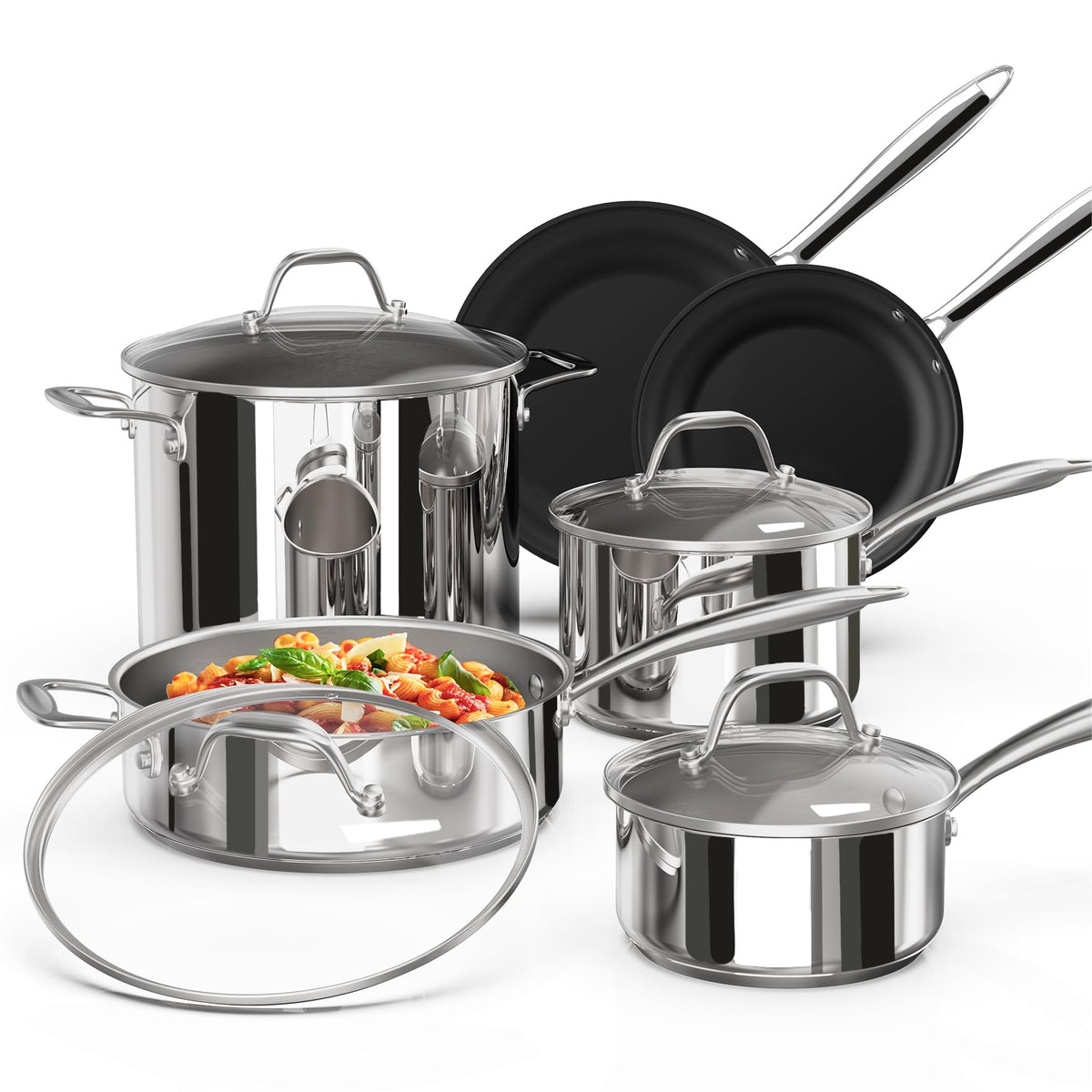 Ciwete Stainless Steel Pots and Pans Set 10 Piece, Kitchen Cookware Set with Nonstick Frying Pans and Glass Lids, Induction Cook