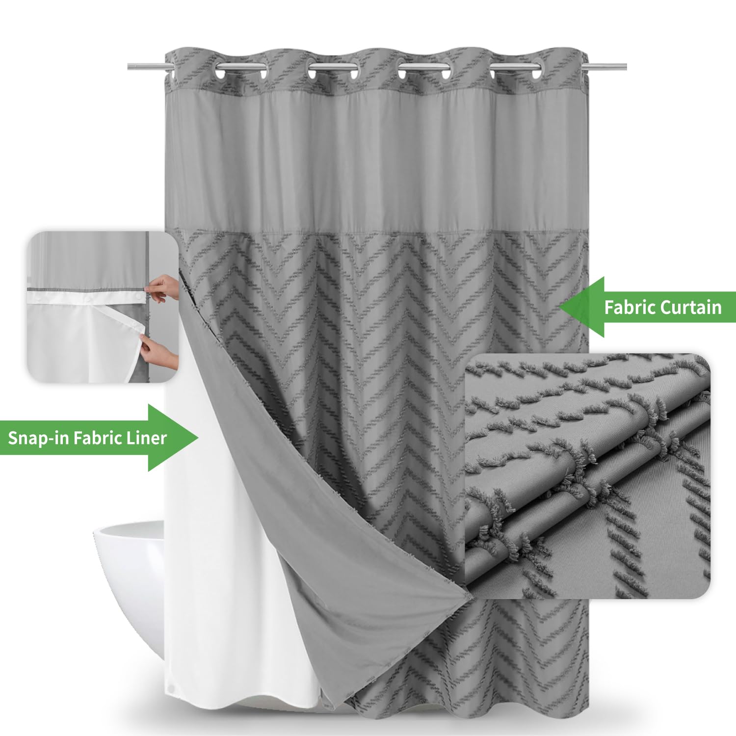 Eachope No Hook Tufted Chevron Striped Shower Curtain With Snap-In Fabric Liner Set-71Wx74H(72H),Grey Hotel Grade Boho Style Sho