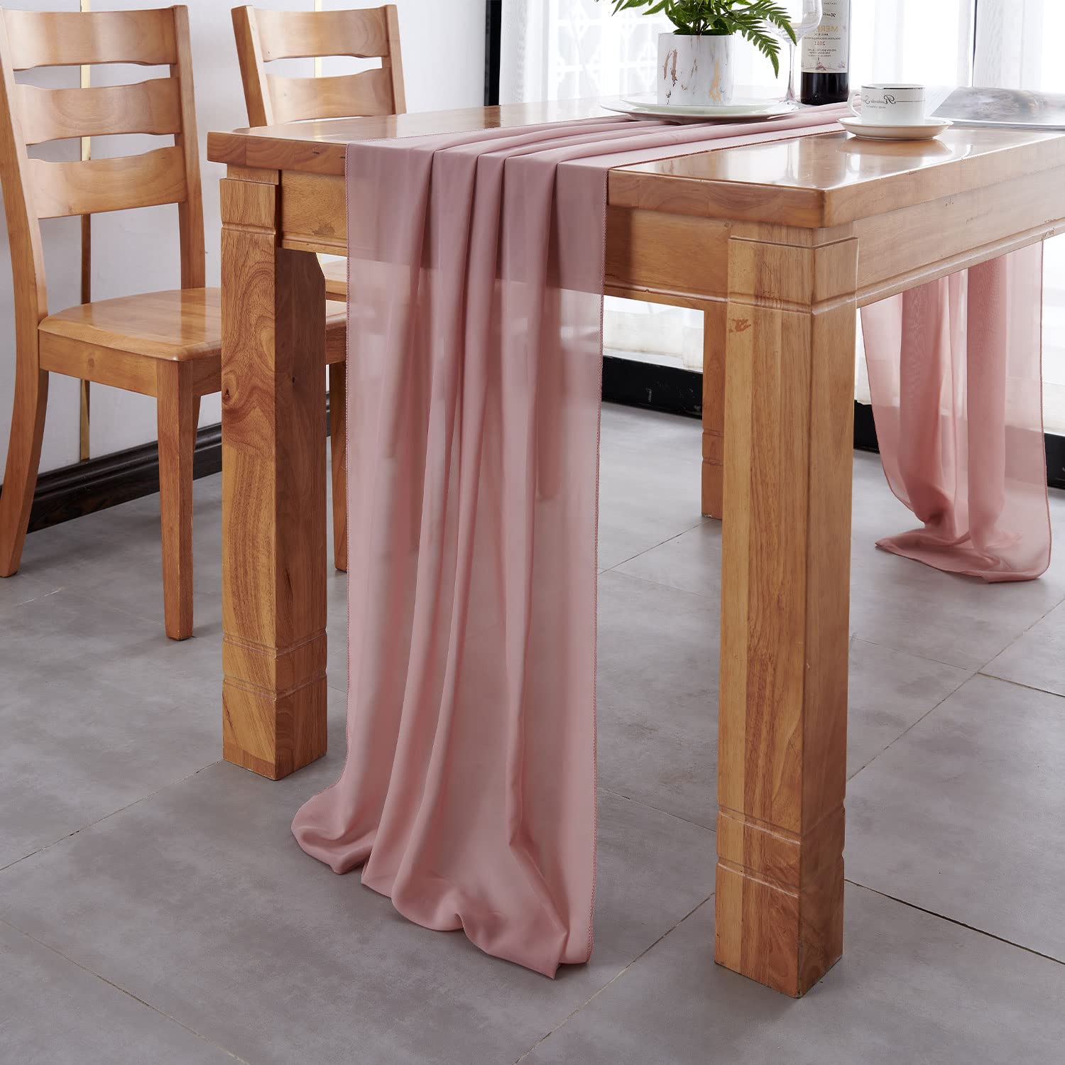 Delovo 2Packs Dusty Rose Chiffon Table Runner 27X120 Inches Long Sheer Fabric Table Runner For Wedding Party Banquets Bridal Hom