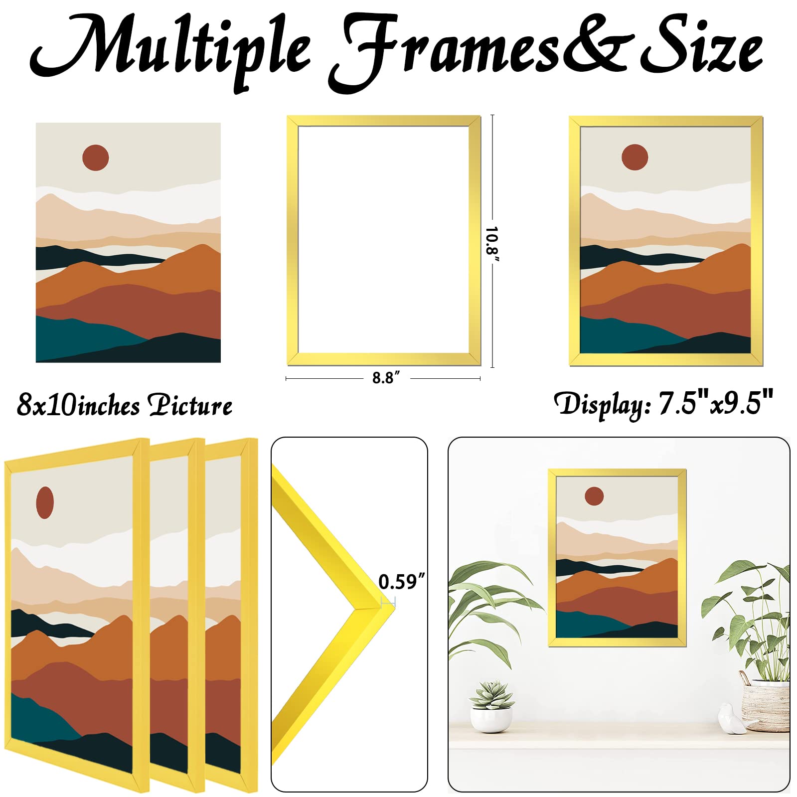 ijuerybai Gold 8x10 Picture Frame Set of 3, High Transparent Frame for 8 By 10 Photo Collage Canvas Poster Size Wall Mount and T