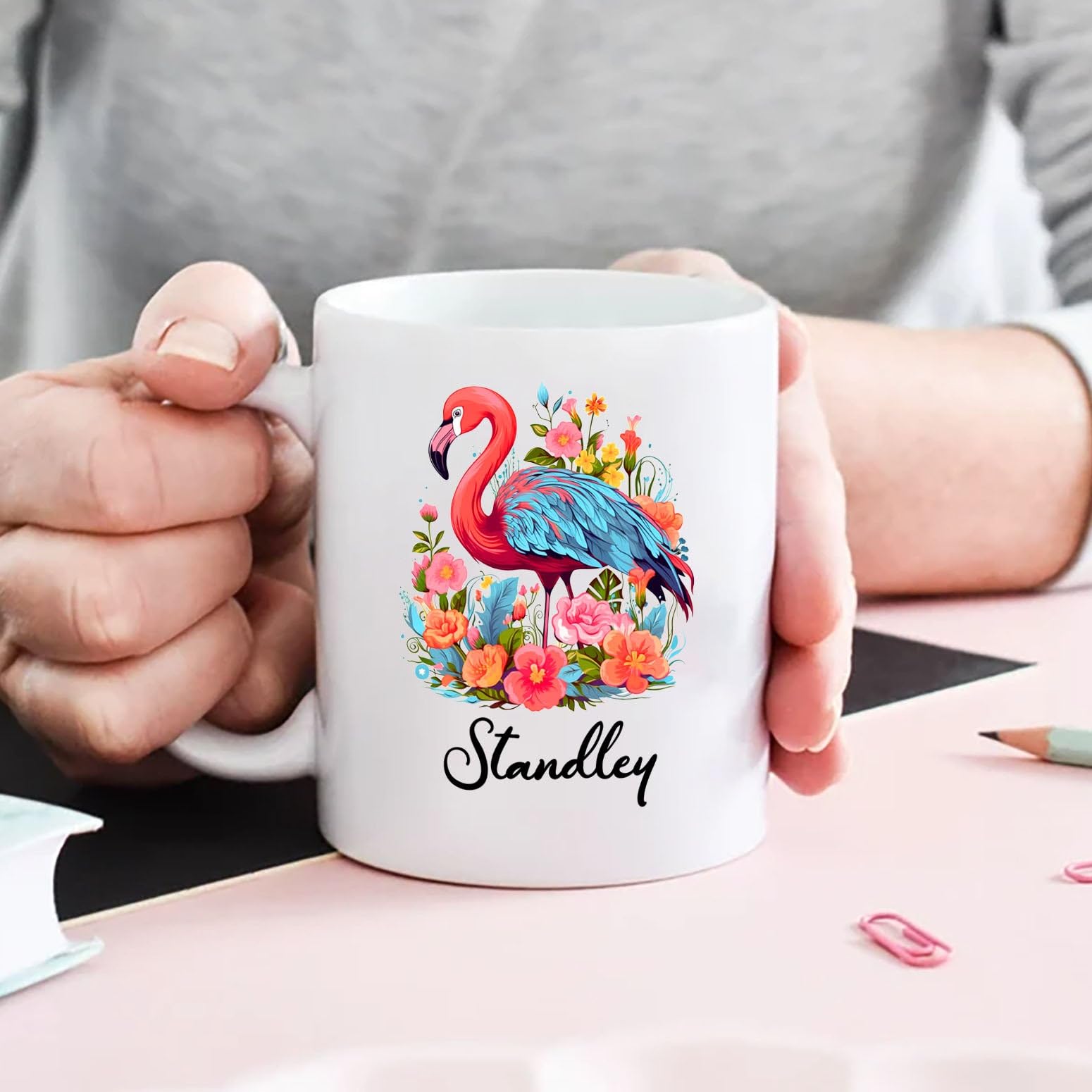 Personalized Name Flamingo White Ceramic Mug Gift For Dad Mom Sister Birthday, Customized Flamingo Lover Coffee Mug Cup 11 Oz 15