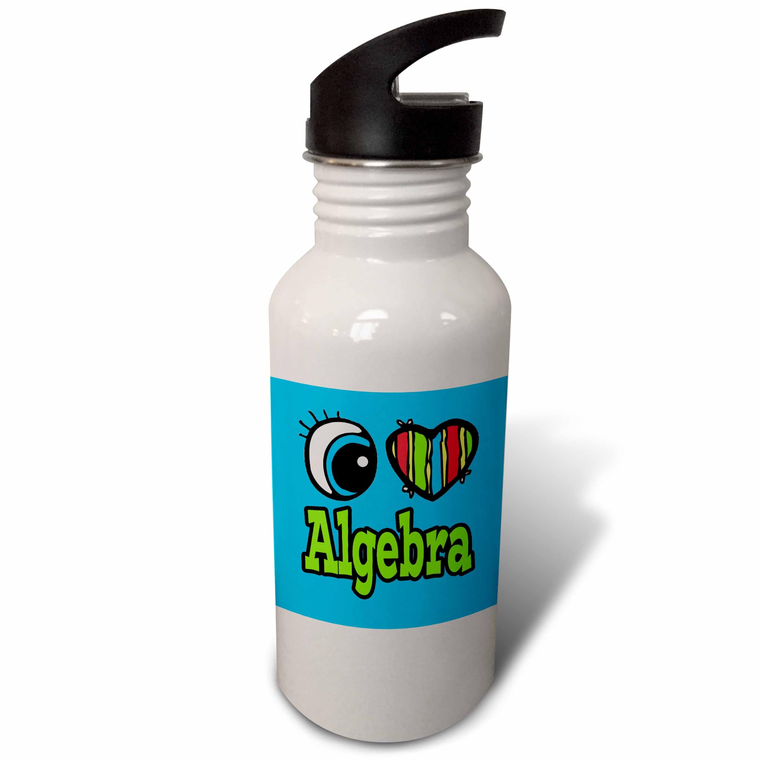 3dRose Bright Eye Heart I Love Algebra Sports Water Bottle, 21 oz, White