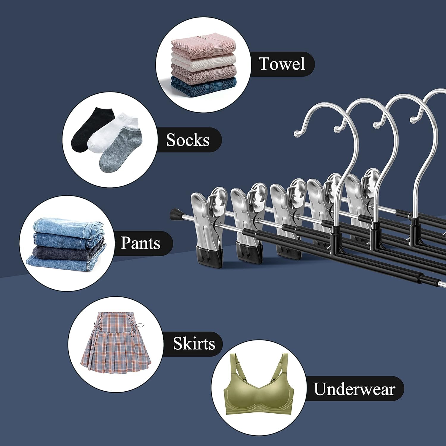 Hwajan Pants Hangers With Clips 60 Pack Adjustable Skirt Hangers For Women Non-Slip Trousers Hanger For Jeans Clothes Hangers Fo