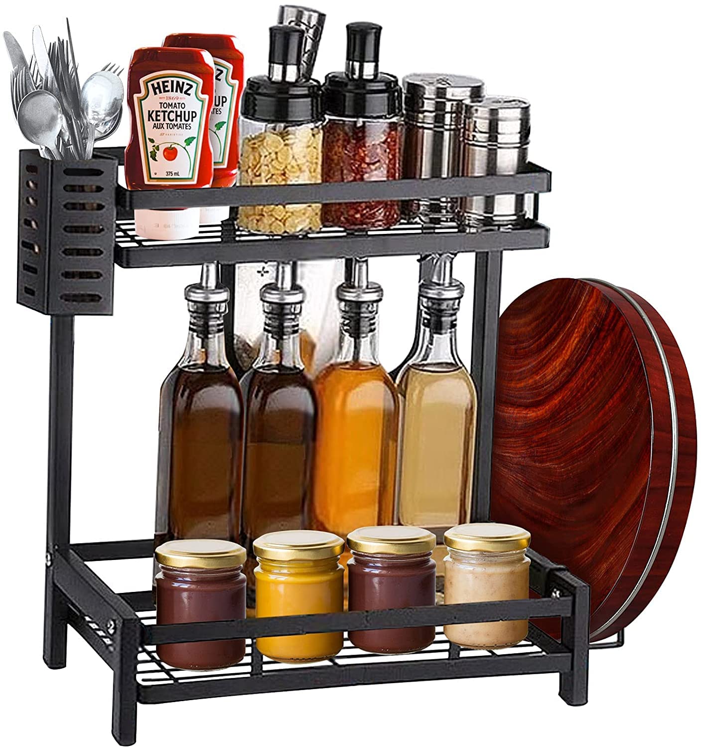Home Cube 2 Layer Multifunctional Spice Rack,Counter Top,Seasoning Shelf Organizer For Kitchen Storage, With Chopstick Basket, C