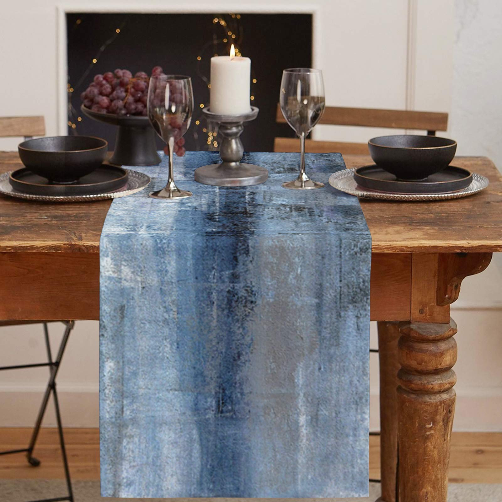 Burlap Linen Table Runner - 90 Inch Long  Retro Rustic Art Abstract Modern Decor Kitchen Dining Table Runner Dresser Scarves  Blue Ombre Painting Farmhouse Decor for Coffee Table Wedding Party Banquet