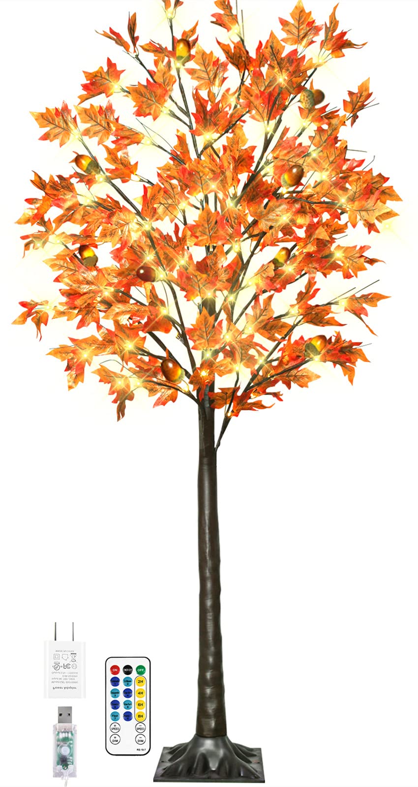 5FT 90LED Lighted Maple Tree - Thanksgiving Decor Artificial Tree with 9 Acorns 180 Leaves, Remote 8 Flashing Modes, Timing, Fal