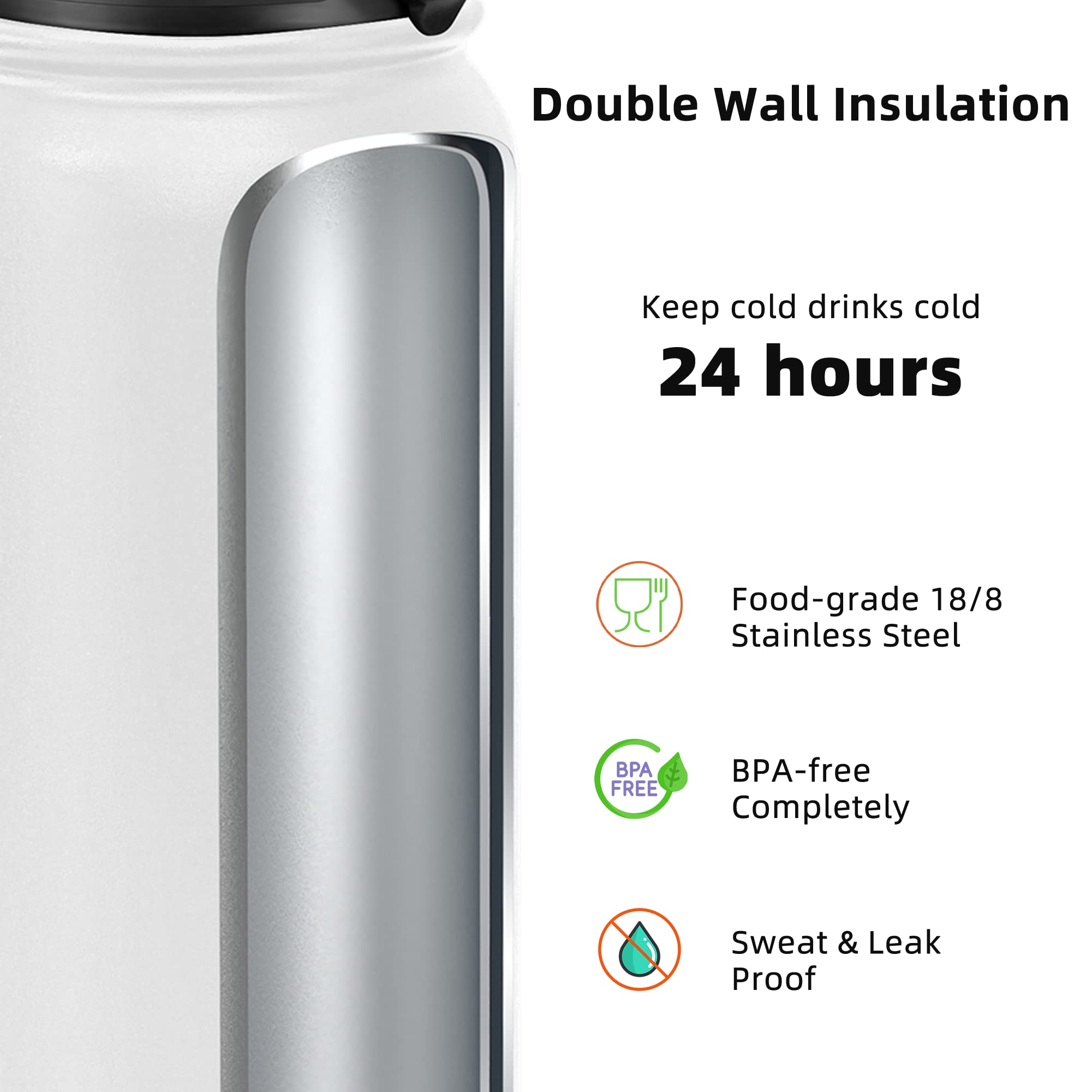 Fanhaw 20 Oz Insulated Stainless Steel Water Bottle With 2 Lids - Leak & Sweat Proof With Anti-Dust Lid (White)