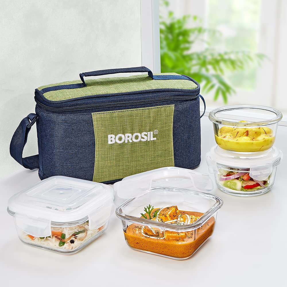Borosil Ace Universal Borosilicate Glass Lunch Boxes Set of 4 (320 ml, 240 ml) with Lunch Bag, Lunchboxes for Office & College, 