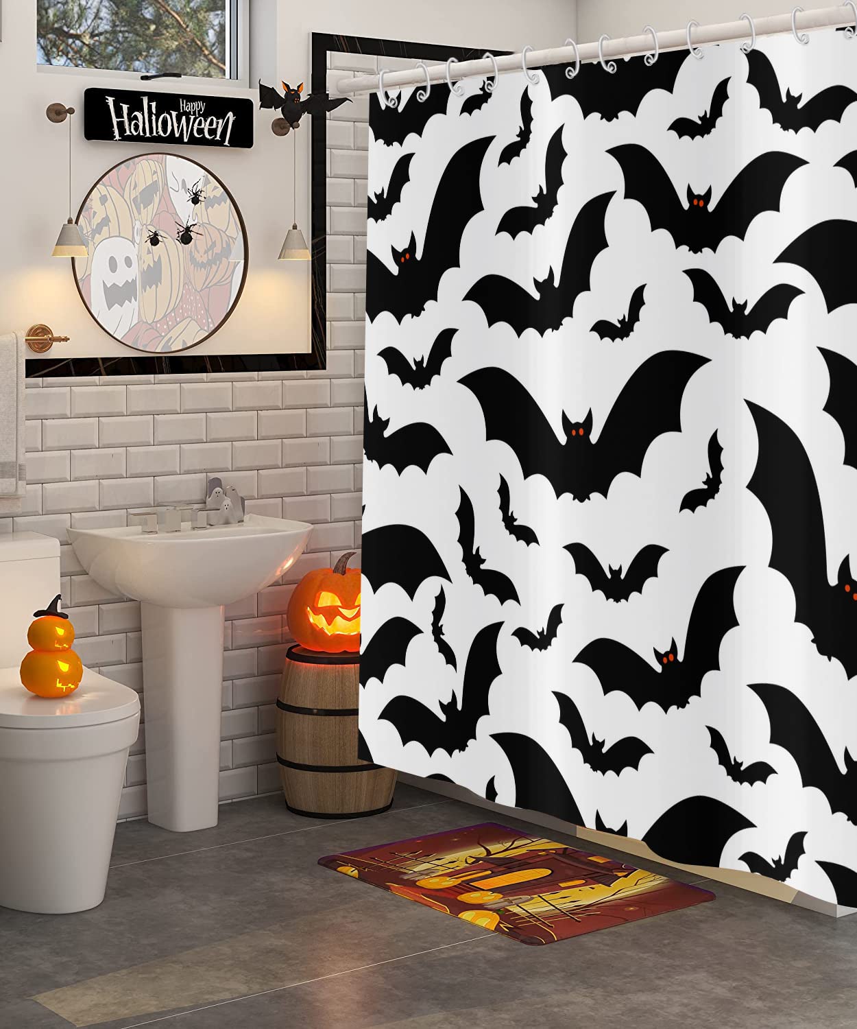 Gcirec Halloween Shower Curtain, Halloween Theme Black And White Bat Bathroom Curtain Halloween Party Decor Waterproof Fabric Ma