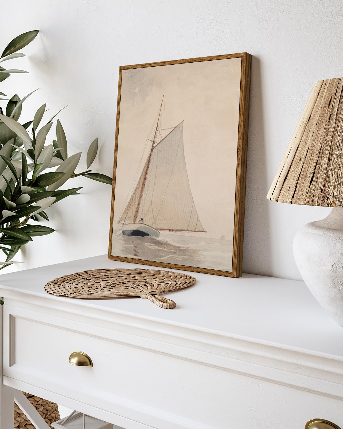 Insimsea Framed Wall Art For Living Room Coastal Wall Decor White Sailboat Seascape Watercolor Vintage Painting Beach Home Decor