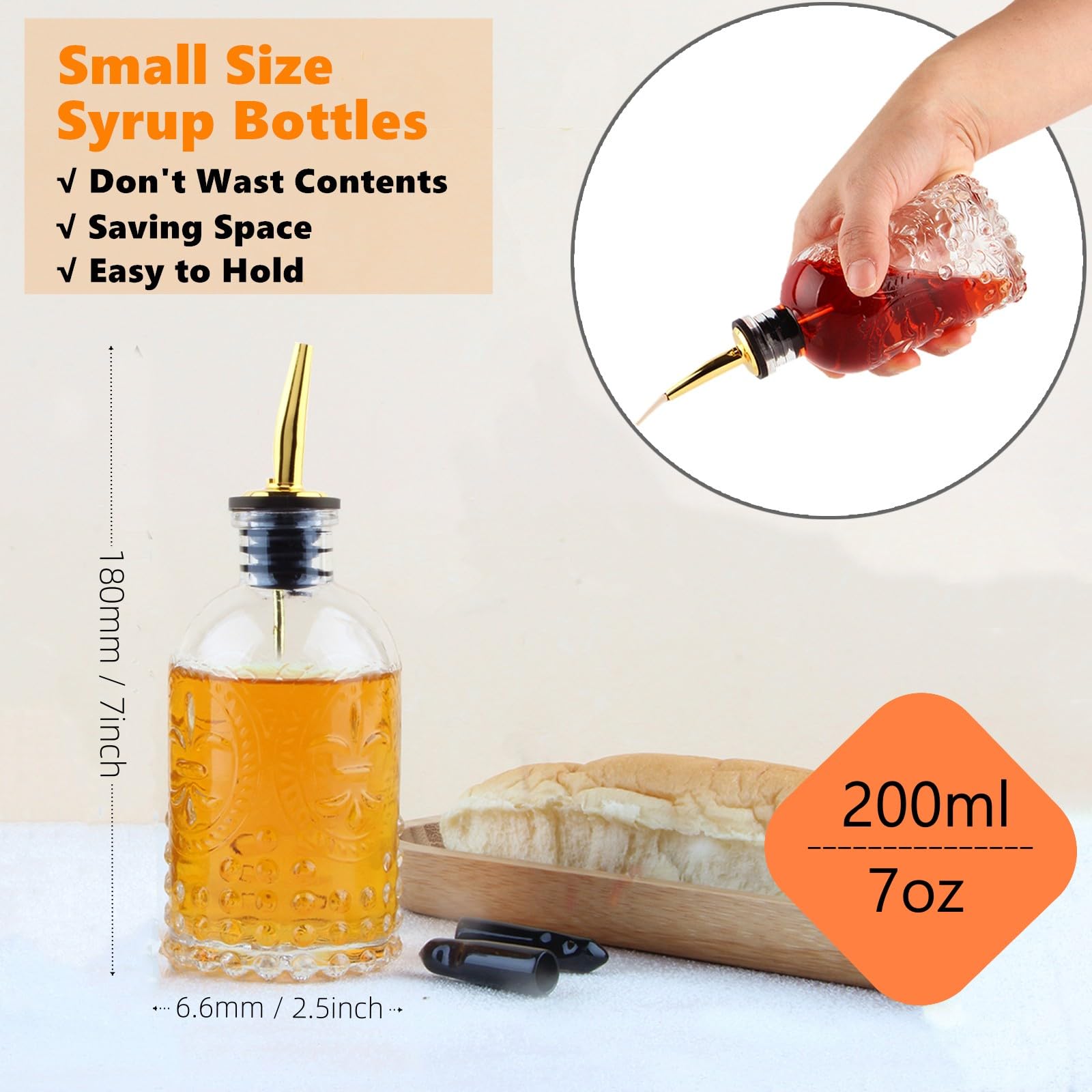 Shining Craft Simple Syrup Bottle, Glass Coffee Syrup Dispenser Bottle 7 Oz With Metal Pour Spout, Labels And Stopper, Glass Syr
