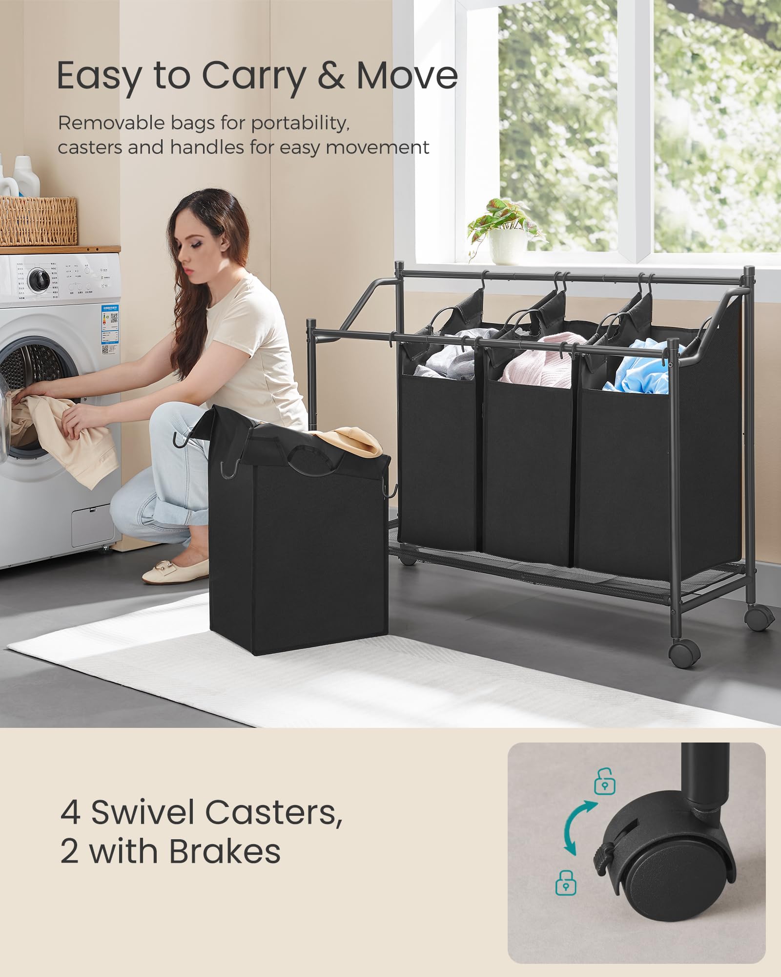 Songmics Laundry Sorter, Rolling Laundry Basket With 4 Removable Bags, Laundry Hamper, Laundry Cart, For Laundry Room, Bedroom,