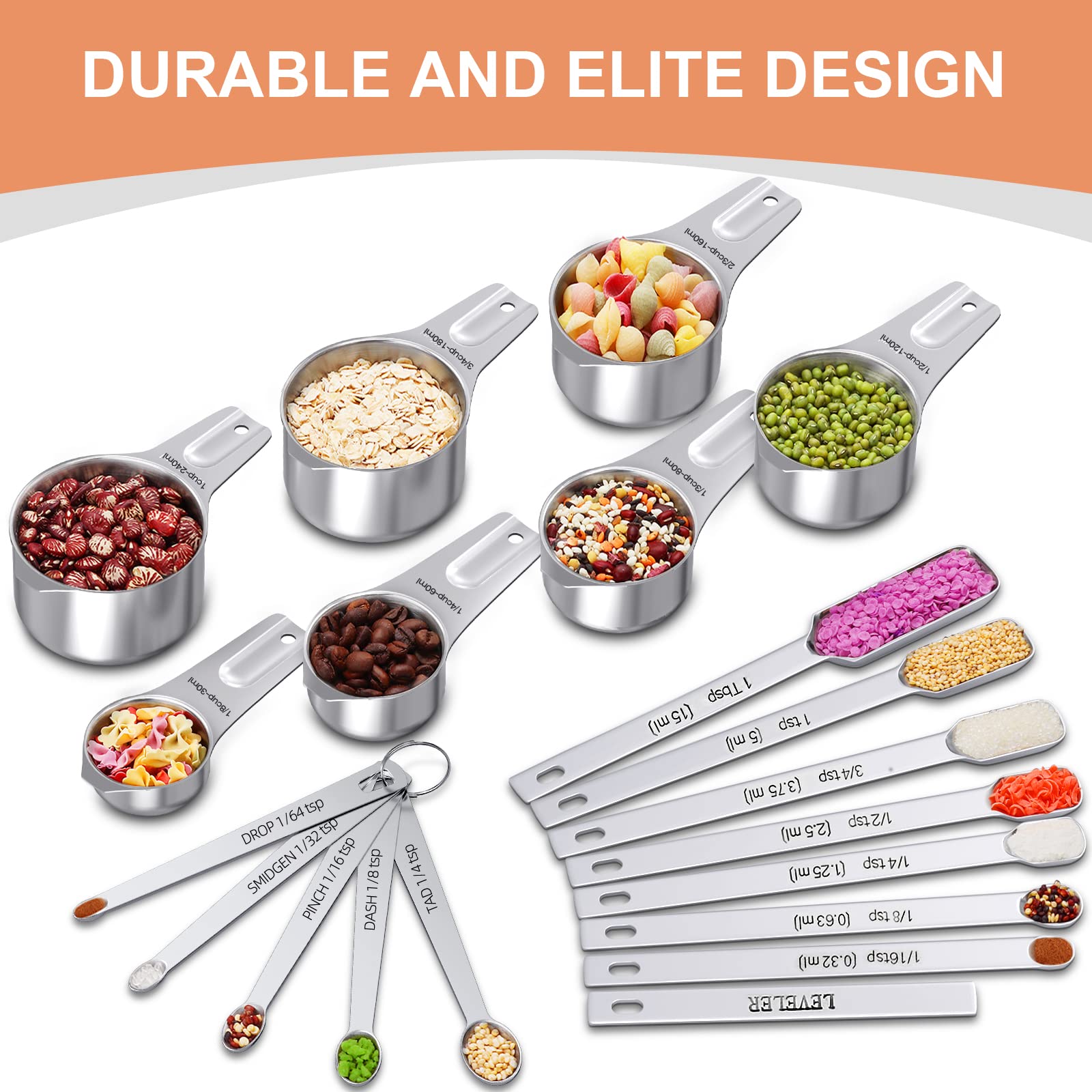 Measuring Cups And Spoons Set Of 20, 7 Stainless Steel Nesting Measuring Cups & 7 Spoons, 1 + Leveler & 5 Mini Measuring Spoons