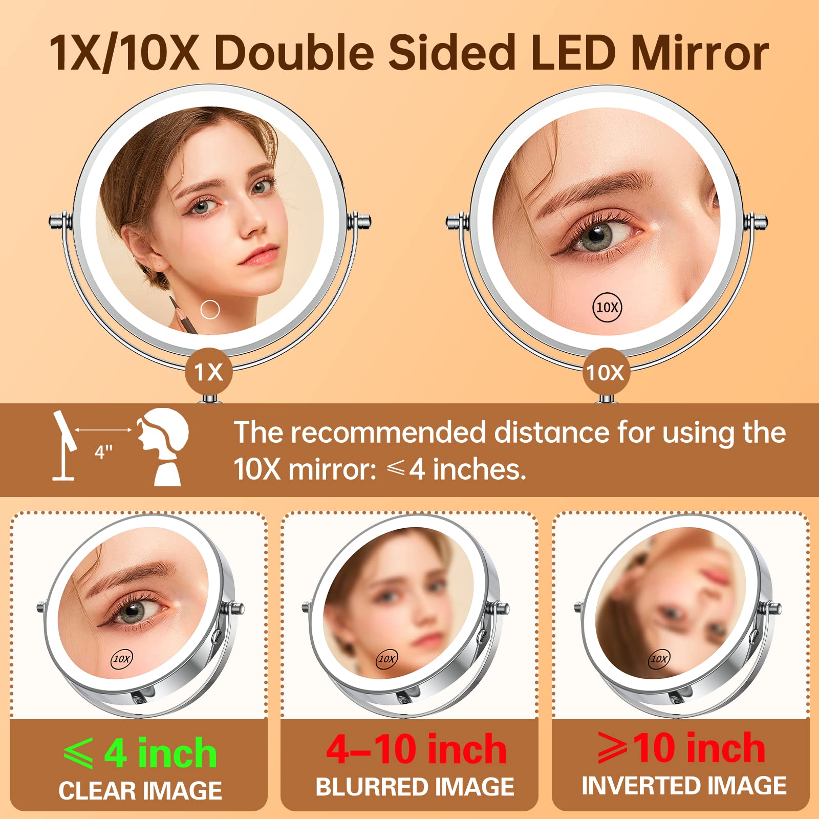 Gospire Lighted Makeup Mirror With Magnification 10X, Height Adjustable & 3 Color Dimmable Lights 7'' Cosmetic Mirror, 360 Swive