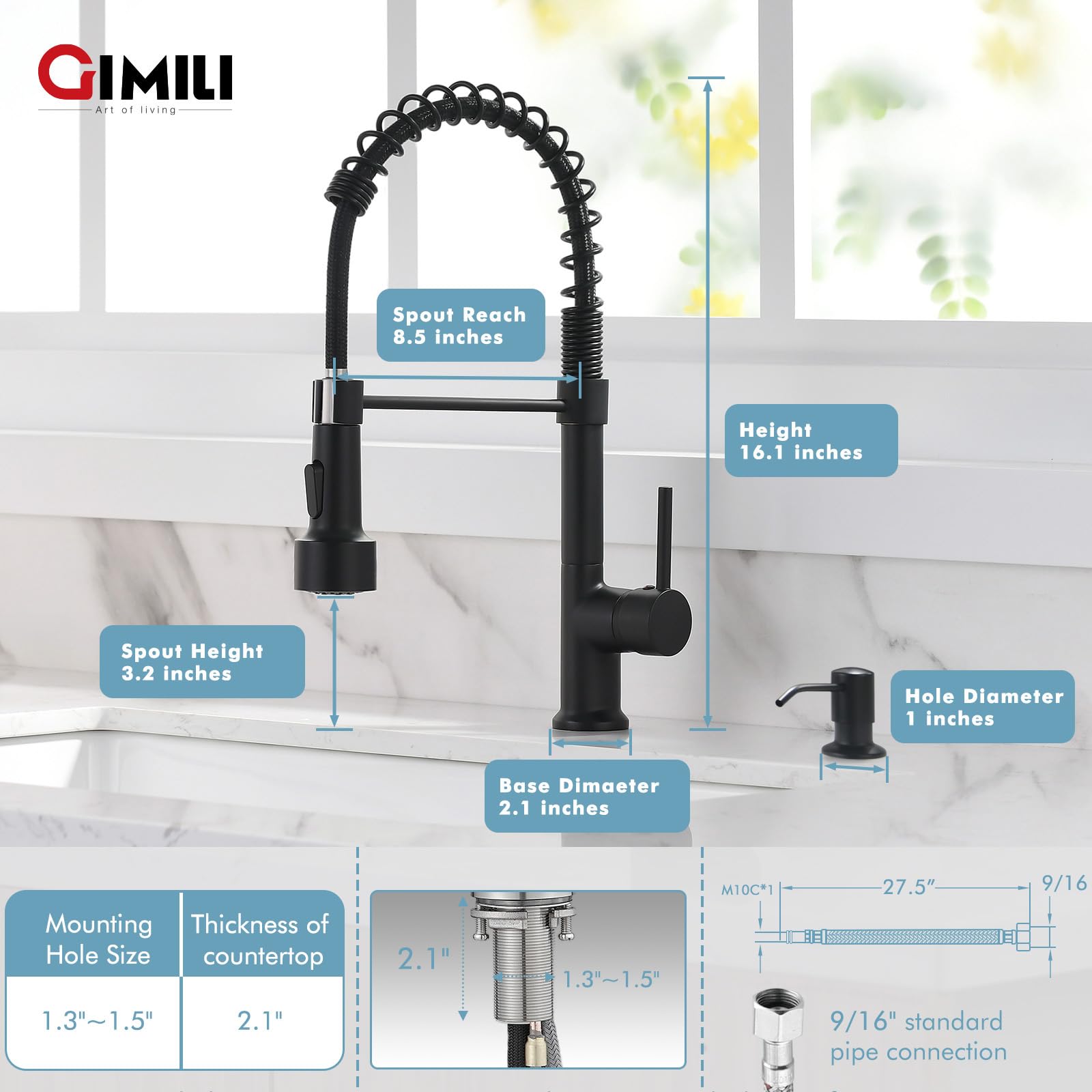 Gimili Matte Black Led Kitchen Faucet With Soap Dispenser, Modern Single Handle Spring Kitchen Sink Faucets With Pull Down Spray