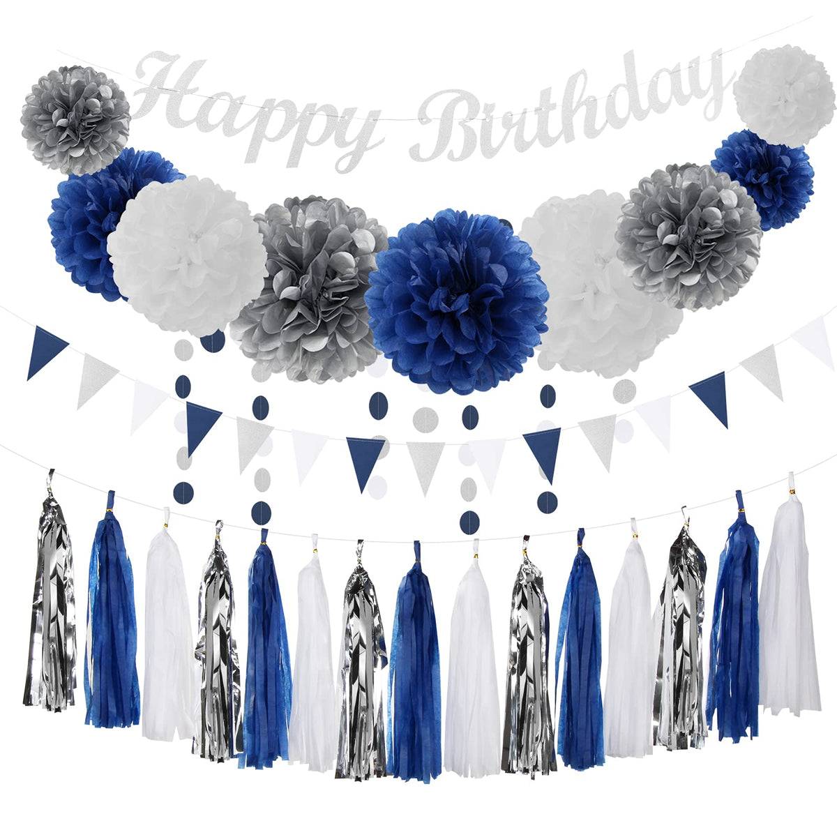 Navy-Blue Silver Men-Boys Birthday Decorations - 27Pcs Party Kits Happy Birthday Banner Flags,40Th 50Th Birthday Decor Tissue Pa