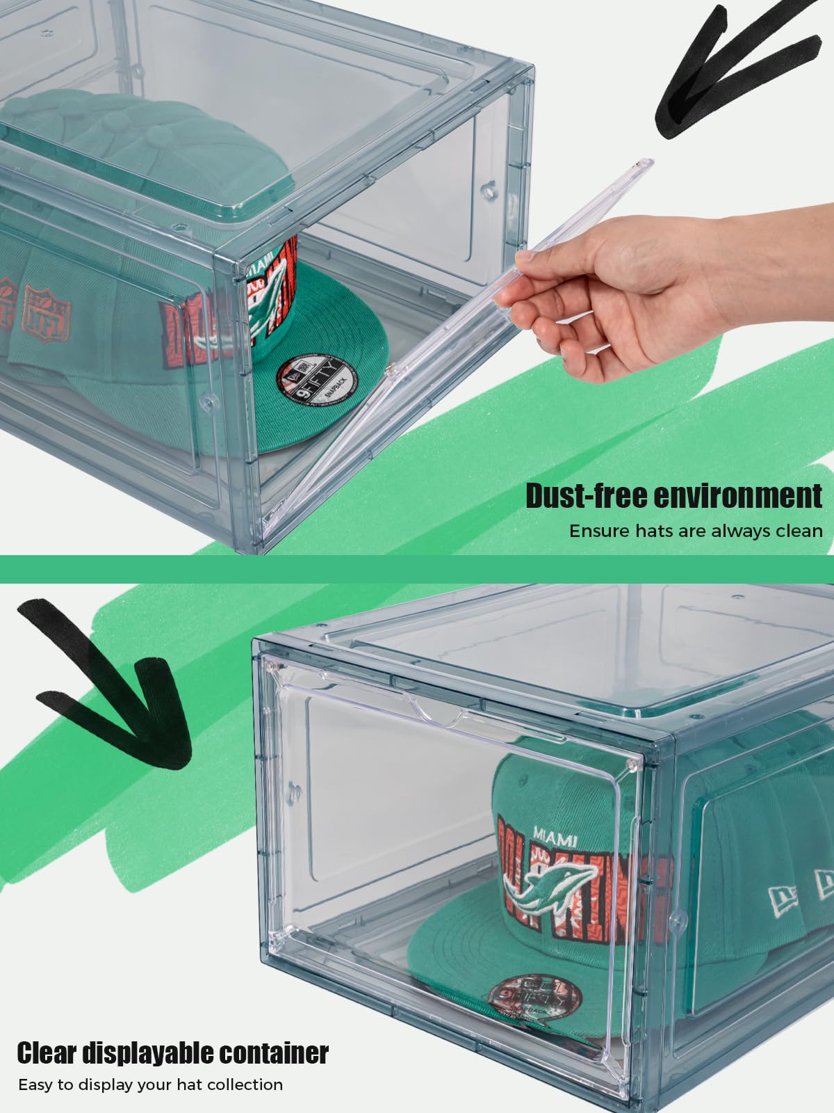 SCAVATA Hat Organizer Box - Stackable Clear Baseball Cap Storage, Holds 8 Hats, Magnetic Door, Blue