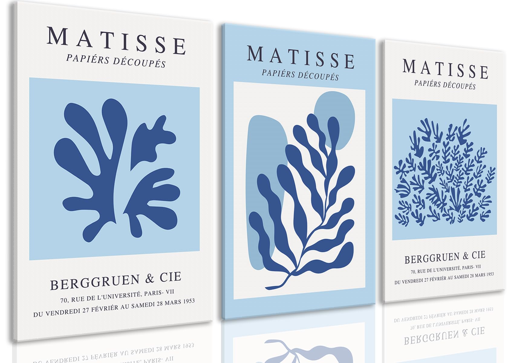Bingruiart Matisse Wall Art Abstract Boho Flower Canvas Blue Set Of 3 Minimalist Plant Leaves Painting Pictures Prints Home Deco