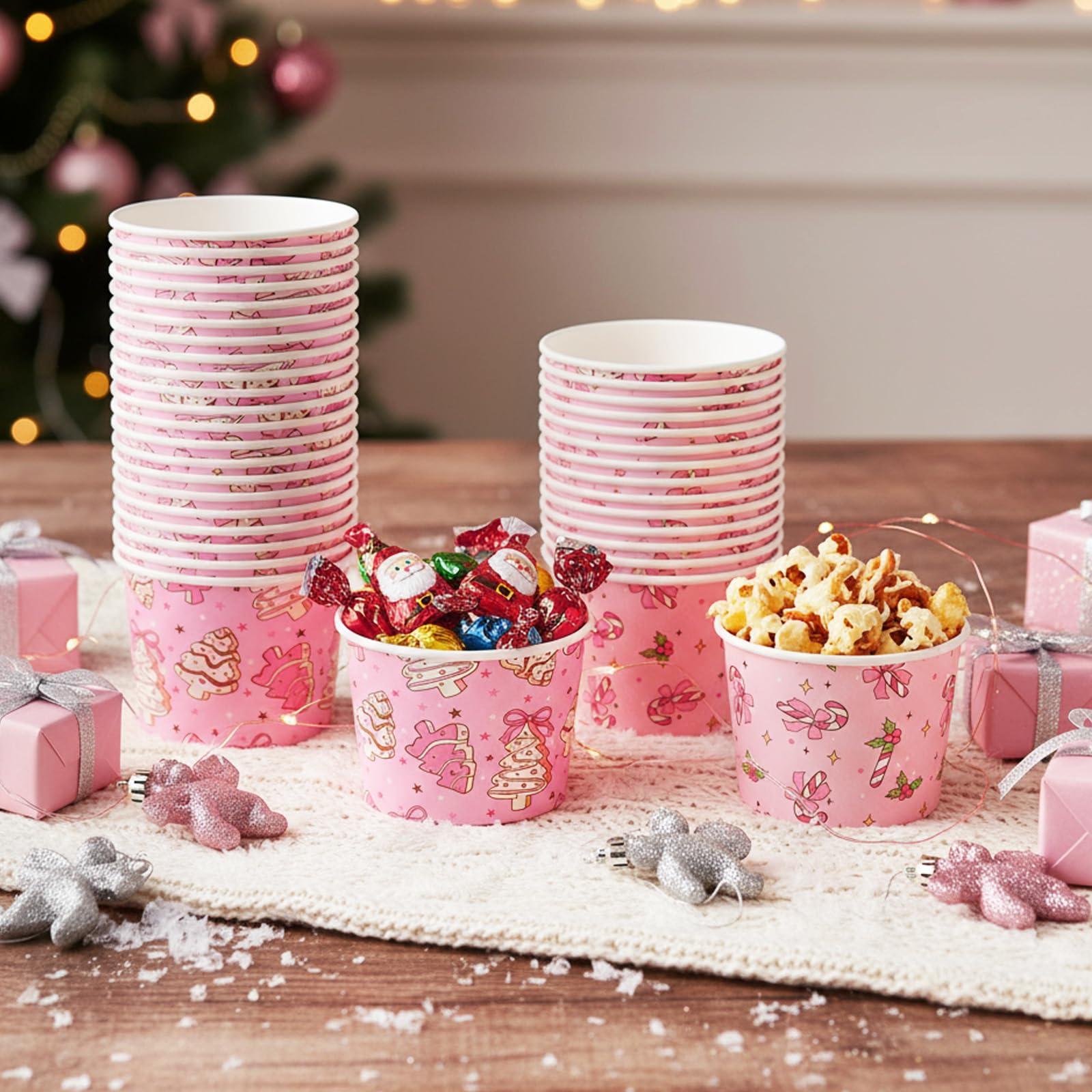 Jingmore 100 Pcs 8 oz Pink Christmas Treat Snack Cups Pink Xmas Tree Candy Canes Disposable Bowls Ice Cream Dessert Soup Paper B