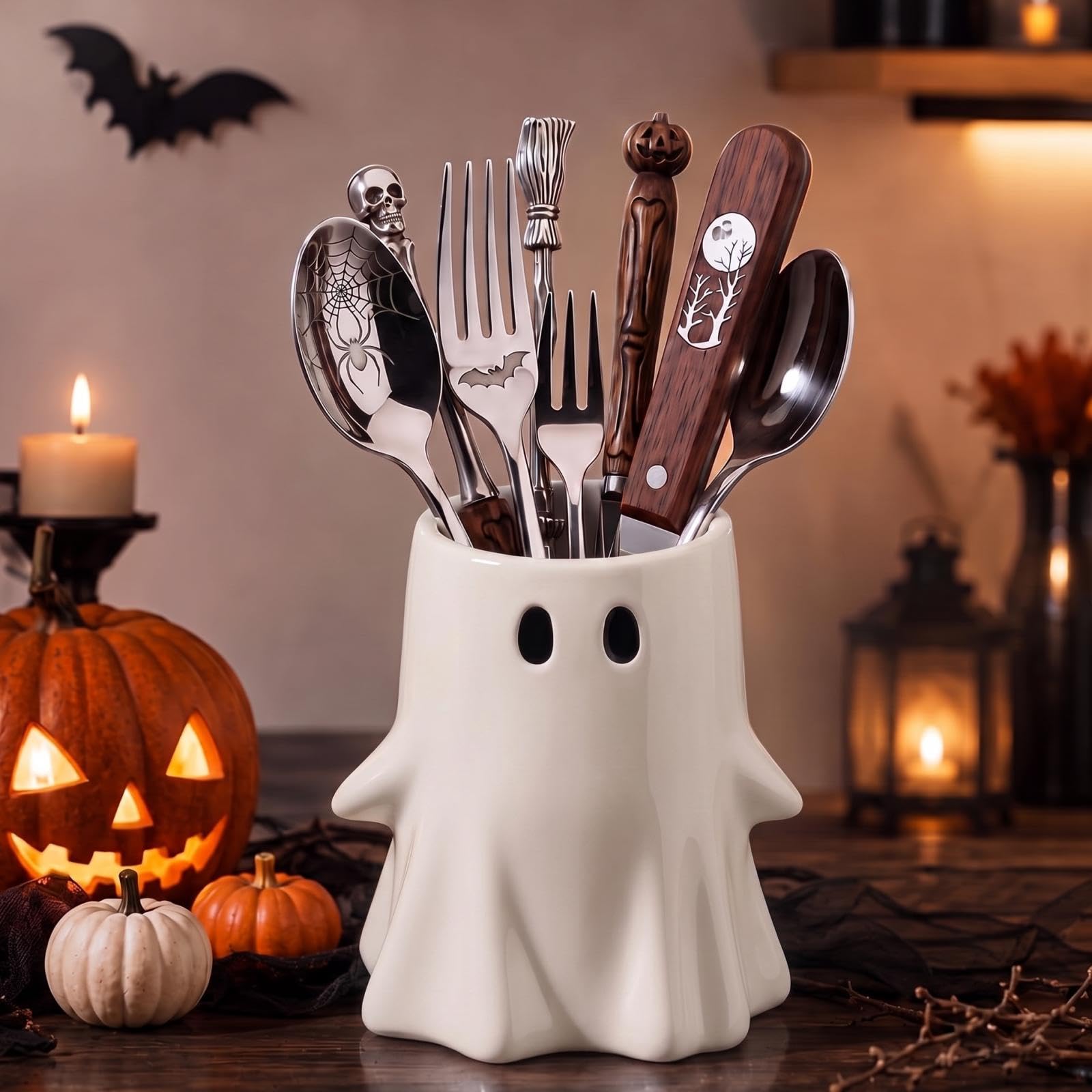 Hushee Halloween 3D Ghost Shaped Ceramic Utensil Holder, 6.3 Inch Tall