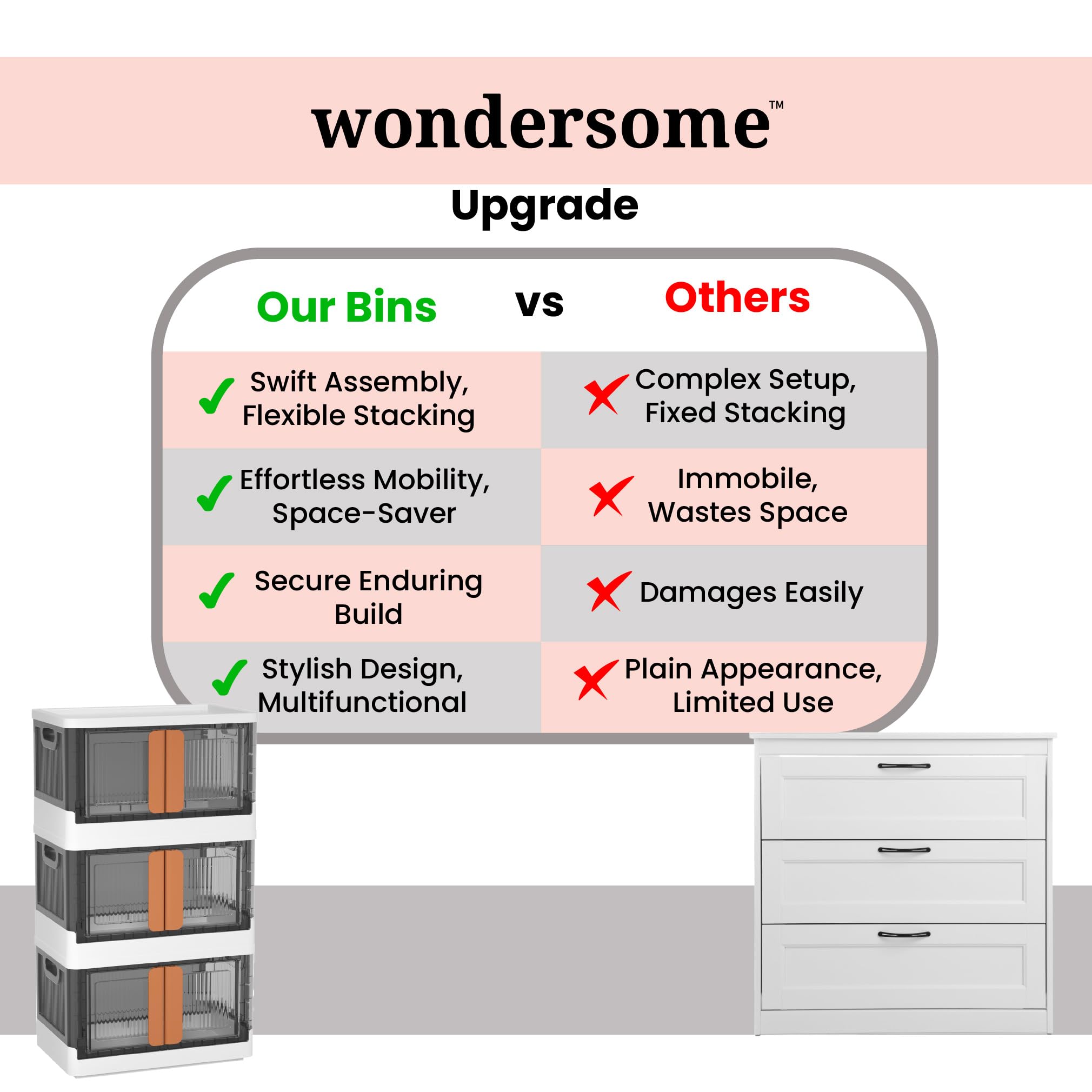 Wondersome Collapsible Storage Bins - 12-Pack Of Large 8.5-Gallon/33.8-Quart Stackable Wheeled Clothing, Shoe, Bedroom, Office O