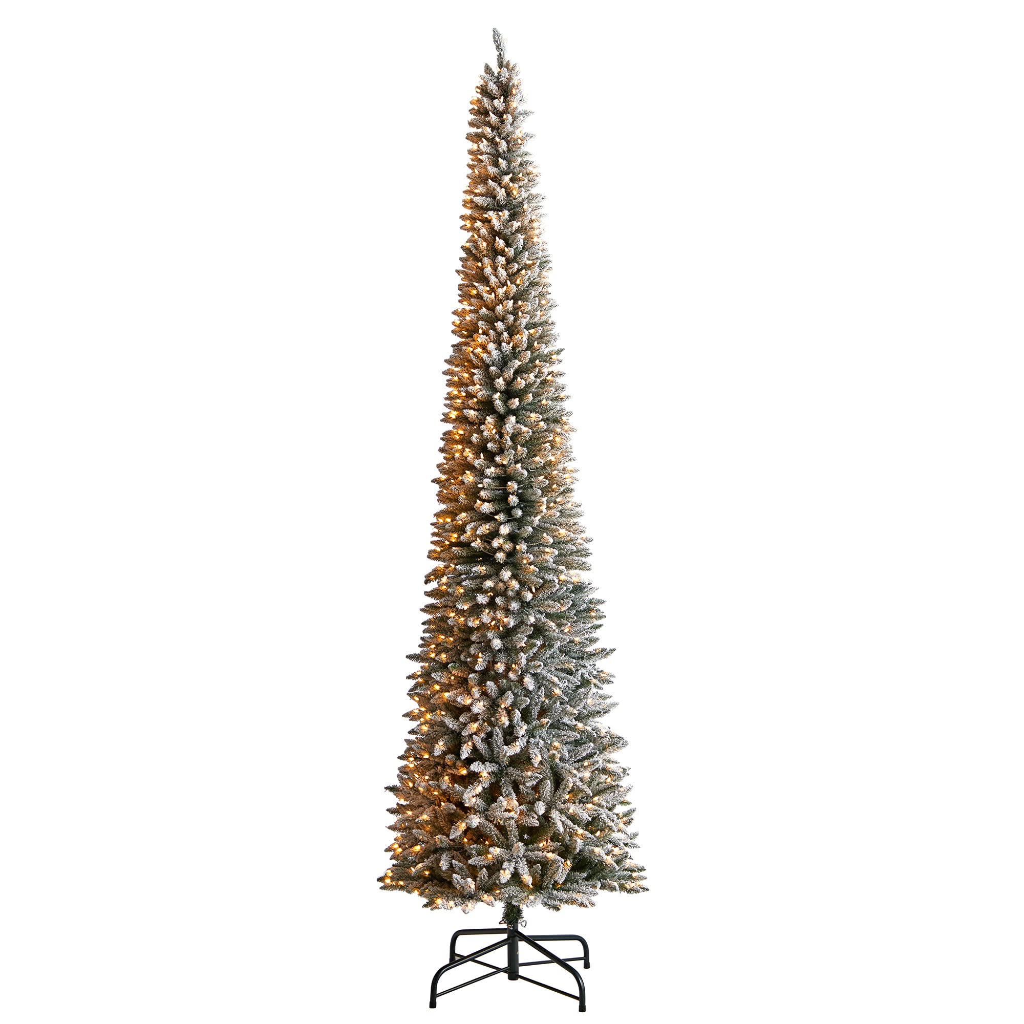 Nearly Natural 12ft. Flocked Pencil Artificial Christmas Tree with 1000 Clear Lights and 1819 Bendable Branches